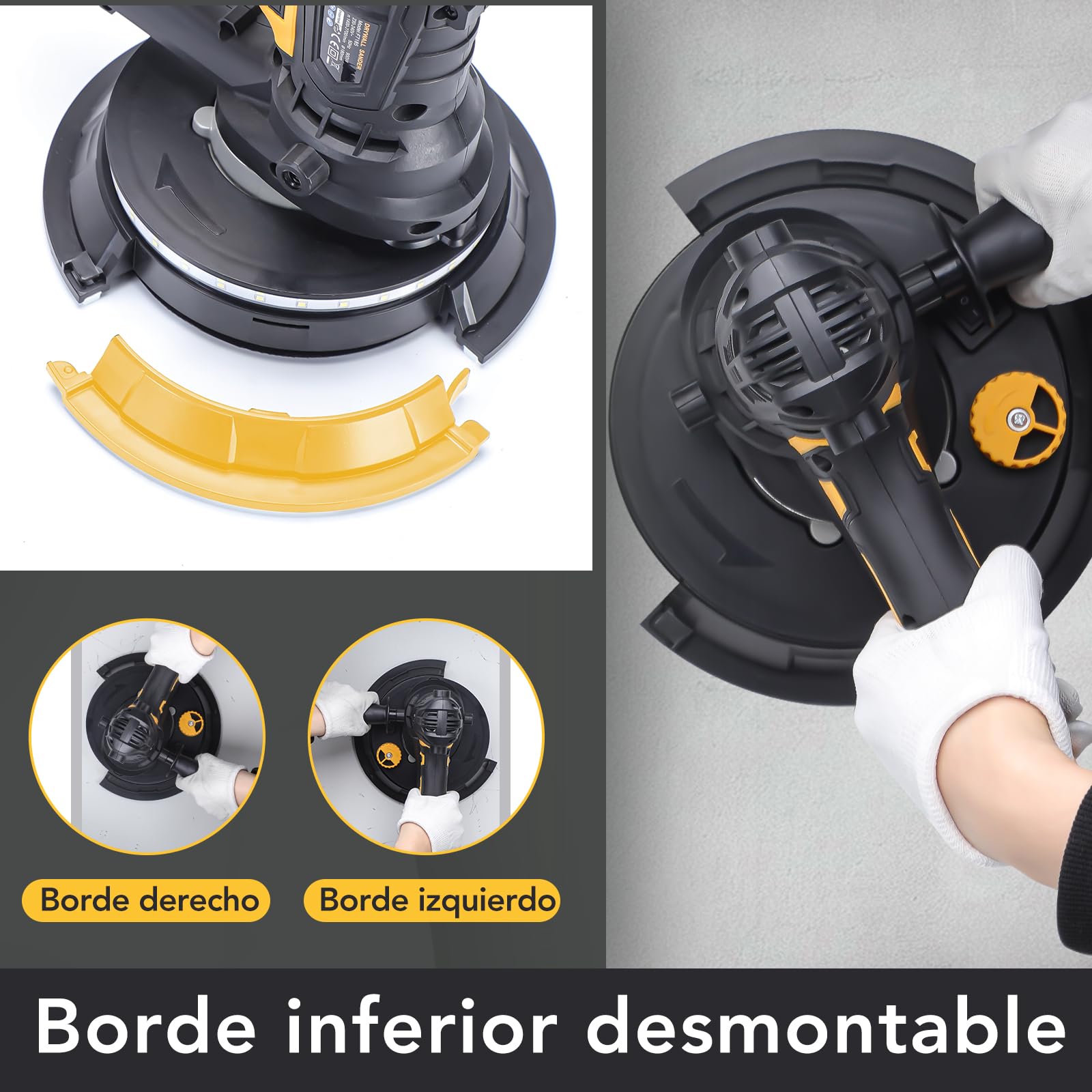 Lijadora de Pared 900W,1400-2700 RPM/5velocidades de succión variable ajustable, Lijadora pared y techo con luz LED,Sistema de Autolimpieza/8 discos de lijado,lijadora pladur lijado grueso/fino