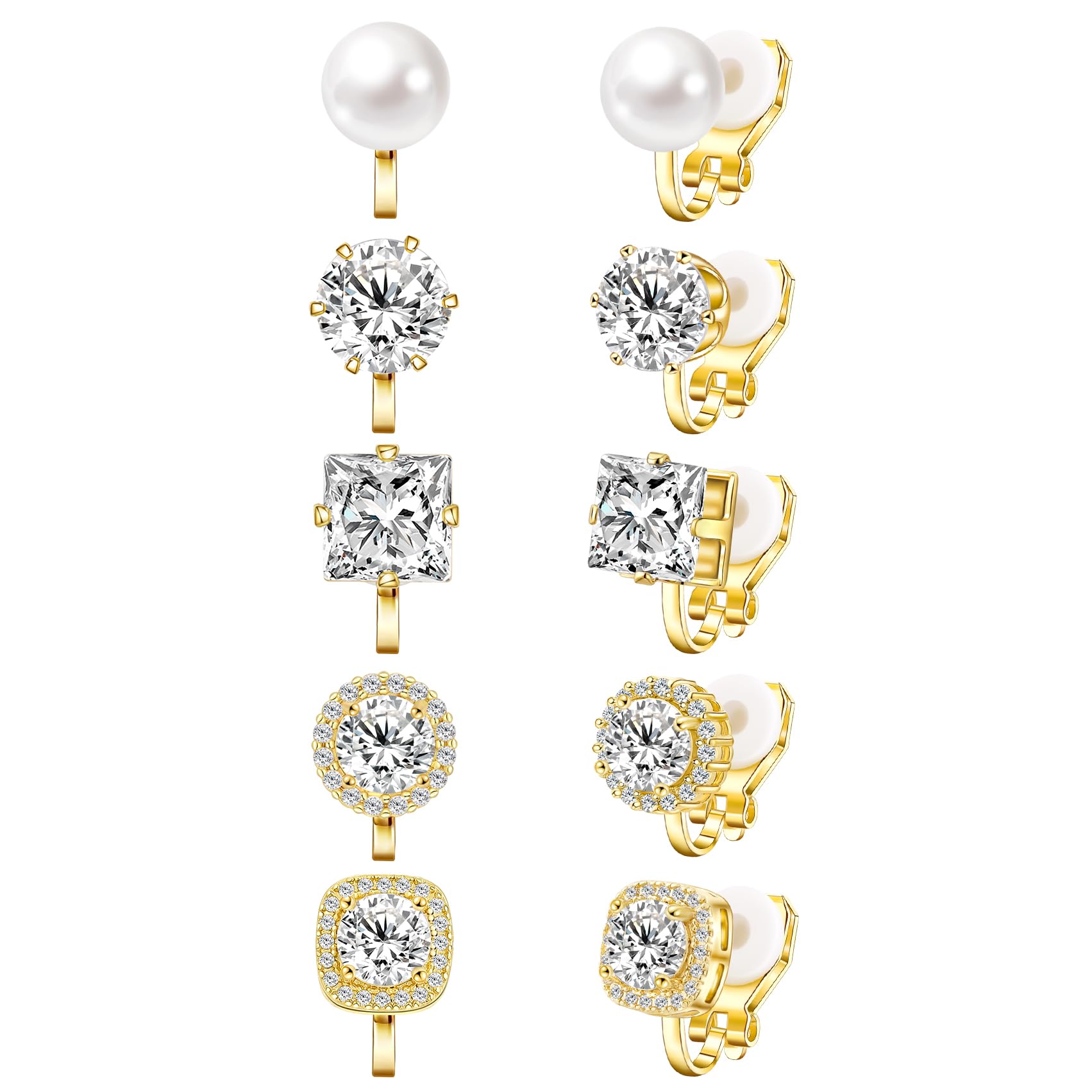 Cubic Zirconia Clip on Earrings - Women Hypoallergenic Comfortable Non Pierced Stud Earrings for Wedding and Dance Competitions, Clip-on Earrings Silver Gold