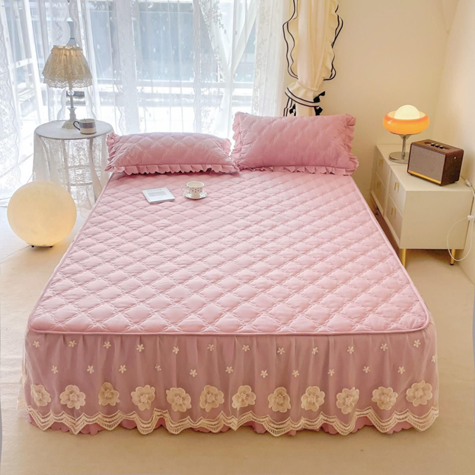 Drap Housse en Polyester Coton Élastique, Motif de Dentelle Brodée avec Couleur Unie, 150 x 200 CM, Rose Violet Clair