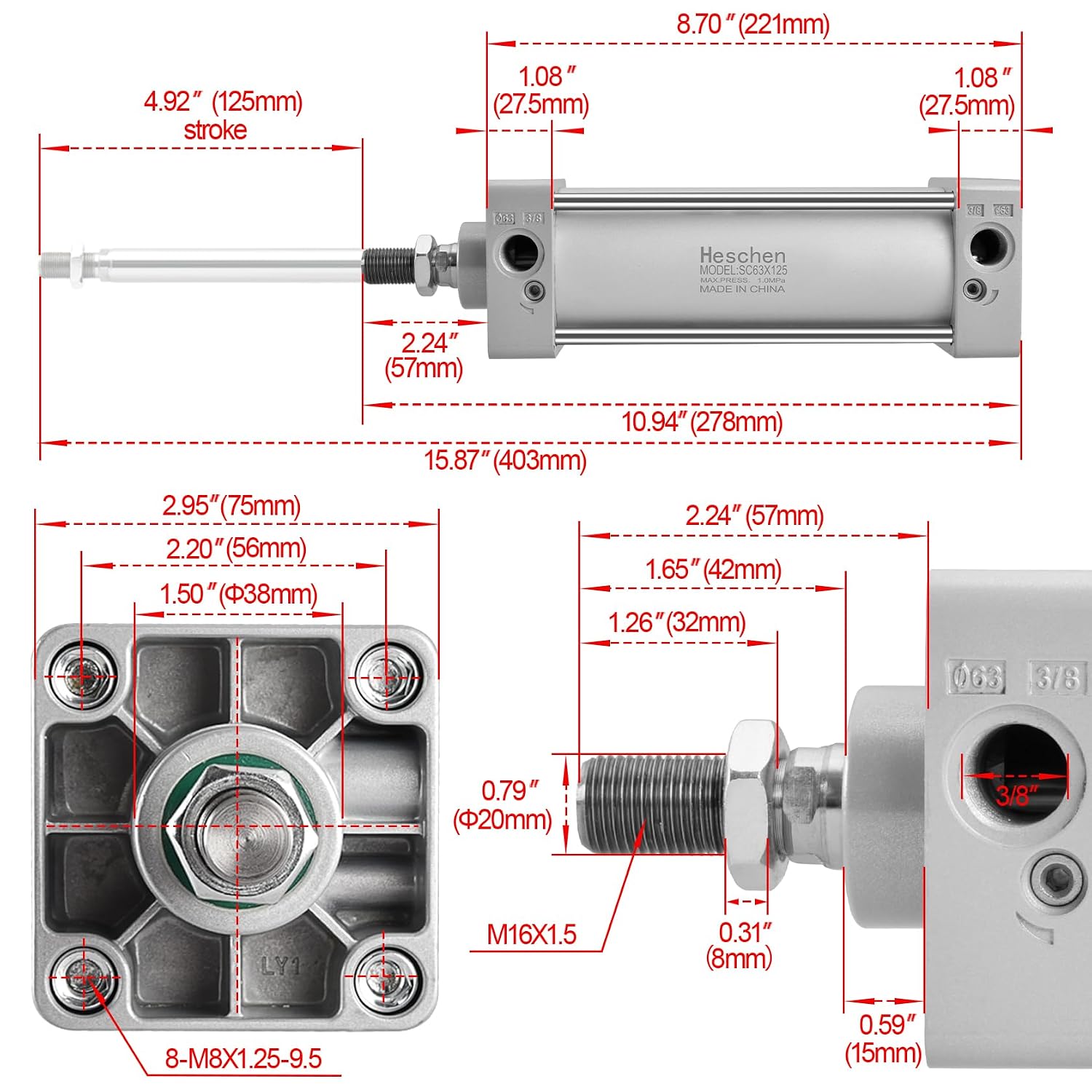 Heschen Tie-Rod Pneumatic Air Cylinder, SC 63-125, 63mm Bore, 125mm Stroke, PT 3/8 Port, Double Acting, Adjustable Cushion, Self-Lubricating Actuator for Industrial & Woodworking