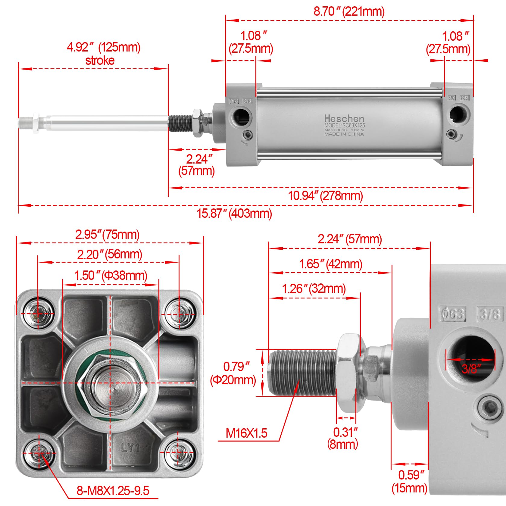 Image secondaire de Vérin Pneumatique Standard CHLED SC 63-125 - Alésage 63mm, Course 125mm