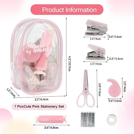 7Pack Mini Office Supply Kit Mini School Supplies Kit with Cute Case Scissors Hole Punch Highlighter Stapler with Staples and Staple Remover for Students (Pink)