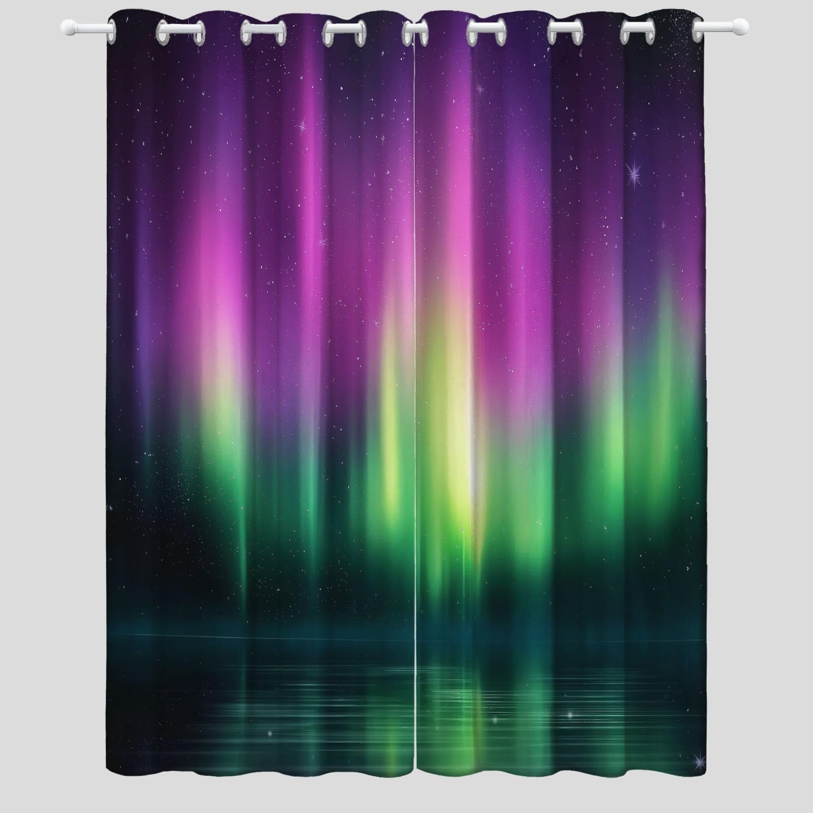 Verdunkelungsvorhänge H215 x B110 cm (2er Set), Natürliches Nordlicht Muster in Lila Grün, Thermo-Ösenschals für Wohnzimmer und Schlafzimmer