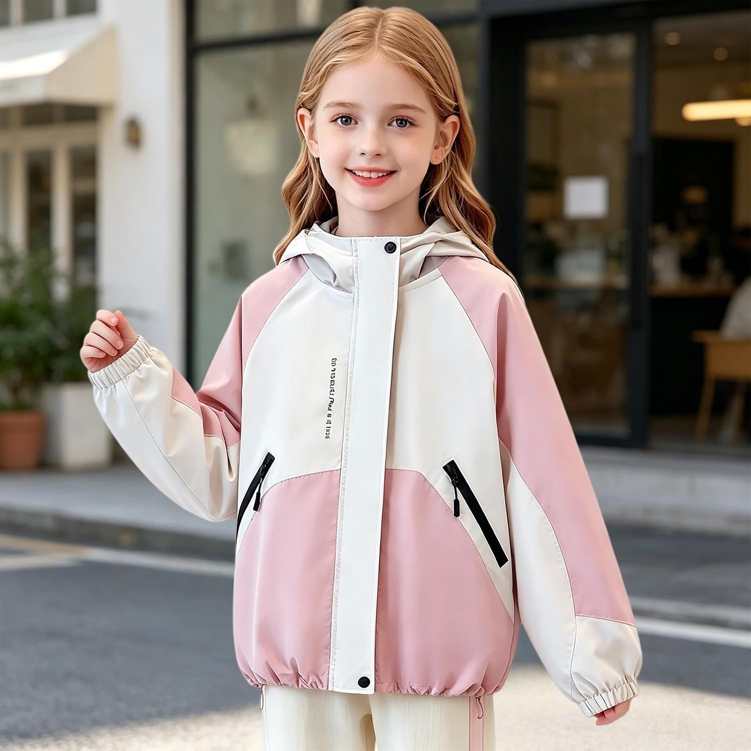 Girls Rain Jacket Windbreaker Zip Up Light Elastic Cuffs Hooded Raincoat | Kids Boys Cute Color Block Buttons Sun Waterproof Coat Fall Casual Hiking Outdoor Clothes
