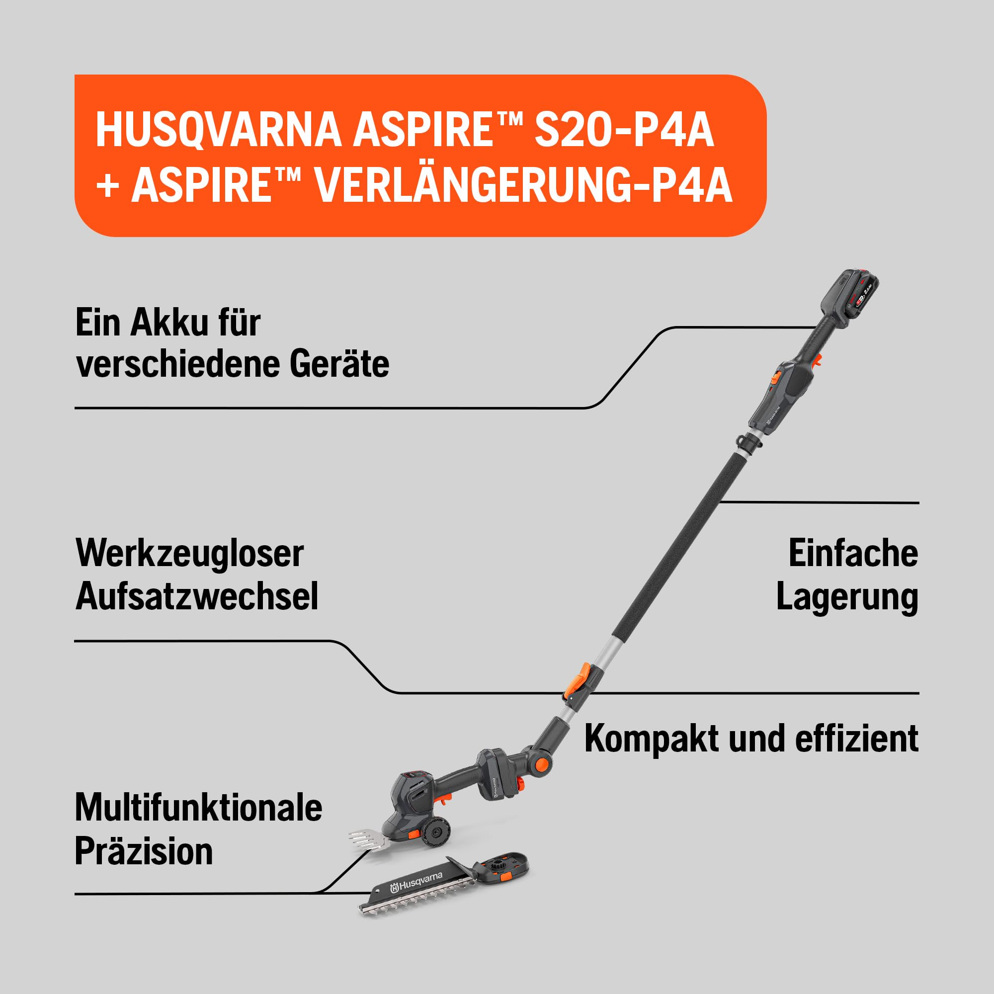 Husqvarna Aspire S20-P4A - Cesoie a batteria per erba e arbusti con prolunga