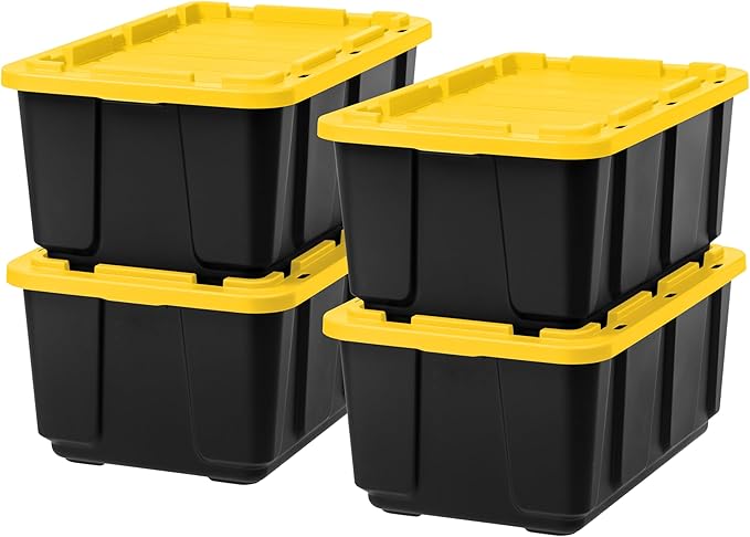 IRIS USA 27 Gallon Heavy Duty Truck Bed Toolbox Storage Tote Bins with Lids, 4 Pack - Made in USA, Tough Snap On Lockable Lid Stackable Industrial Tubs, Garage Organization Reusable Box - Black/Yellow