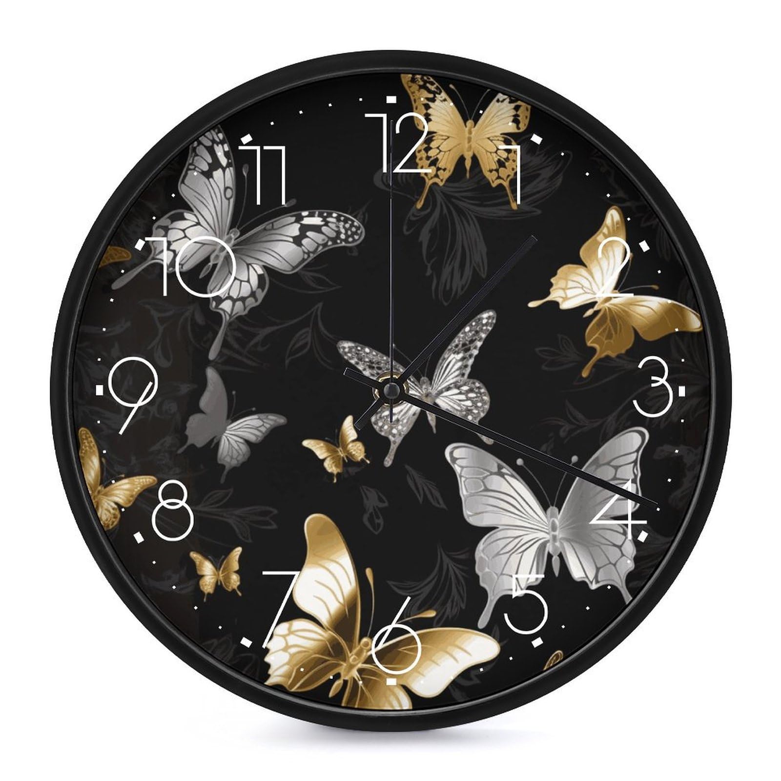 VIDI Horloge murale silencieuse avec papillons blancs dorés et noirs, 25,4 cm, horloge analogique moderne sans tic-tac décorative pour cuisine, bureau, salle de bain, chambre à coucher