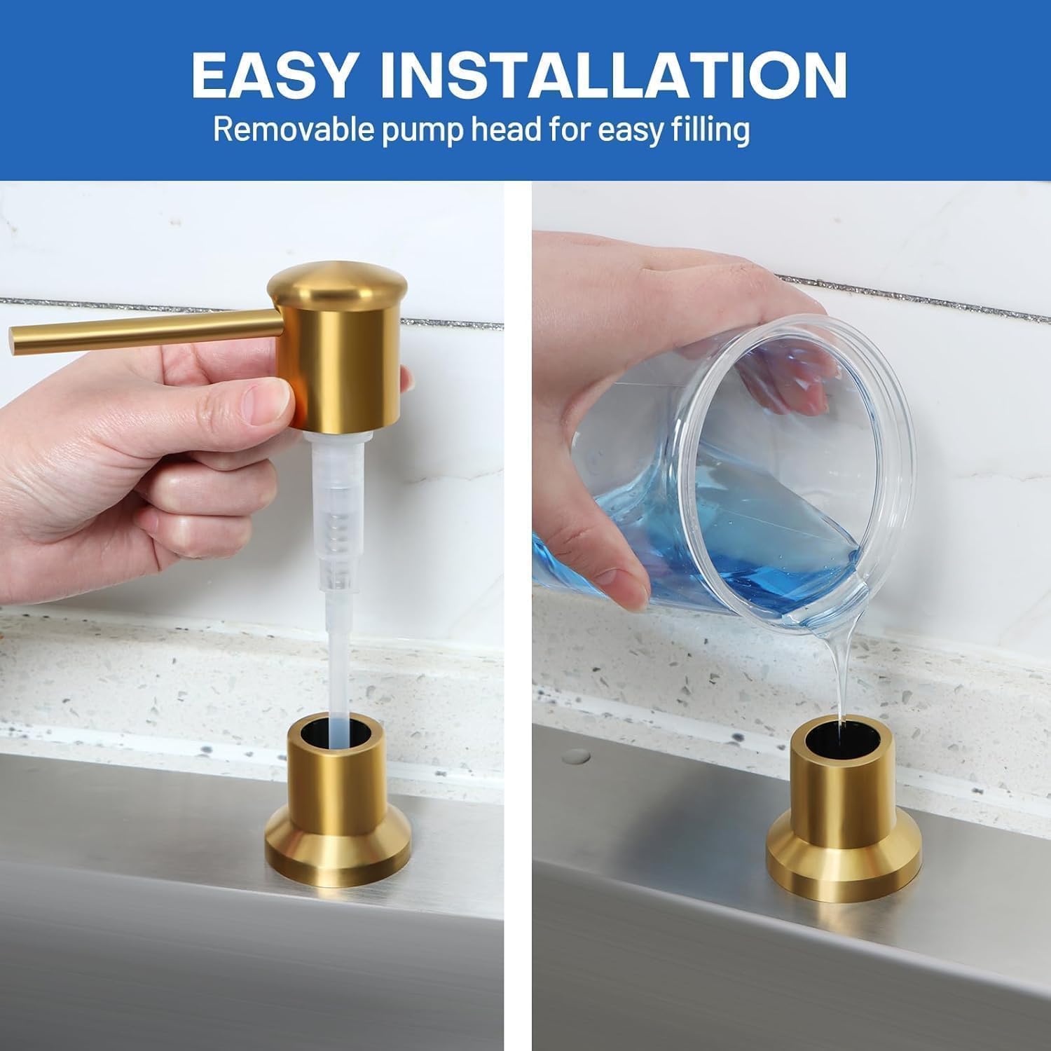 Gold Stainless Steel Soap Dispenser for Kitchen Sink, Brushed Gold Built in Pump Soap Dispensers, Sink Soap Dispenser or Lotion Dispenser Pump with Above The Sink Refillable 17OZ Large Liquid Bottle