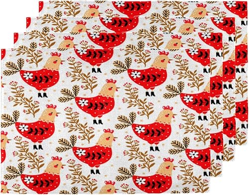 Juego de 4 manteles individuales florales de gallinas de granja, lavables, impermeables, para decoración de mesa de comedor, 18 x 12 pulgadas