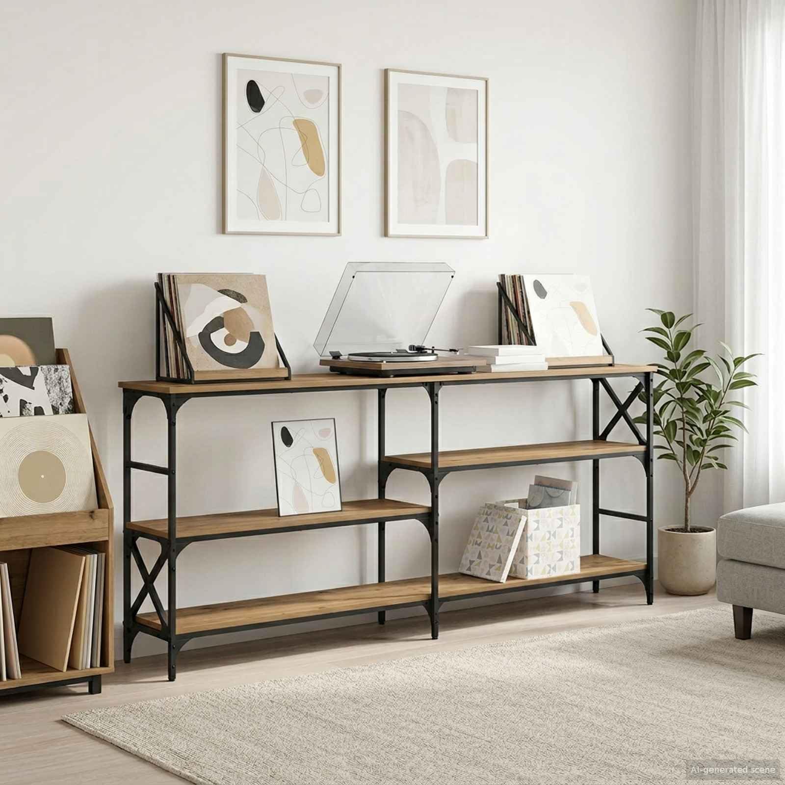 Mesa consola de metal PB 180 cm con estantes de madera para espacio de almacenamiento