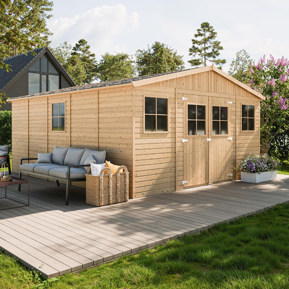 Cobertizo de Madera para jardín - A246x418x522cm/20m2 Cobertizo de Madera Natural - Taller de Jardín - Bicicleta, Almacenamiento de Herramientas TIMBELA M333