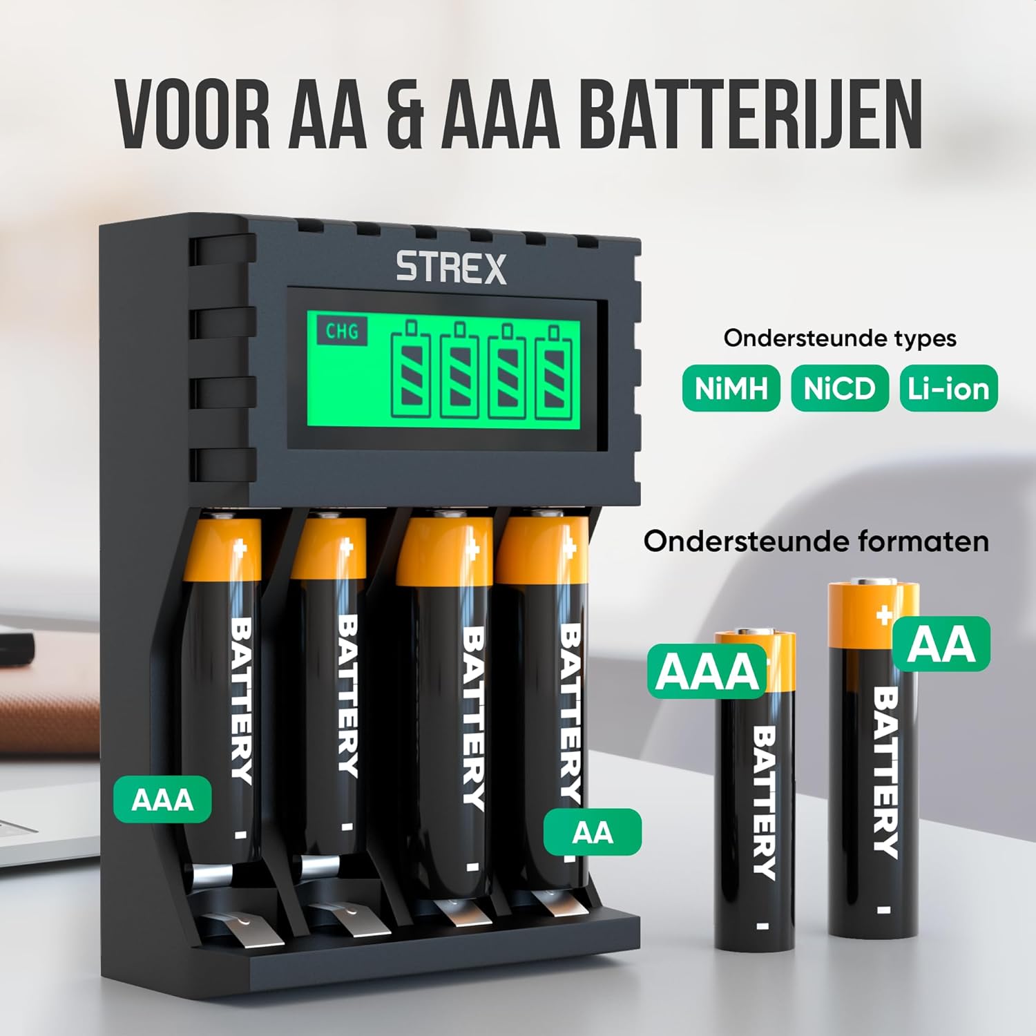 Strex battery charger with AA and AAA batteries, illustrating its compatibility with both sizes and supported battery types: NiMH, NiCD, and Li-ion.