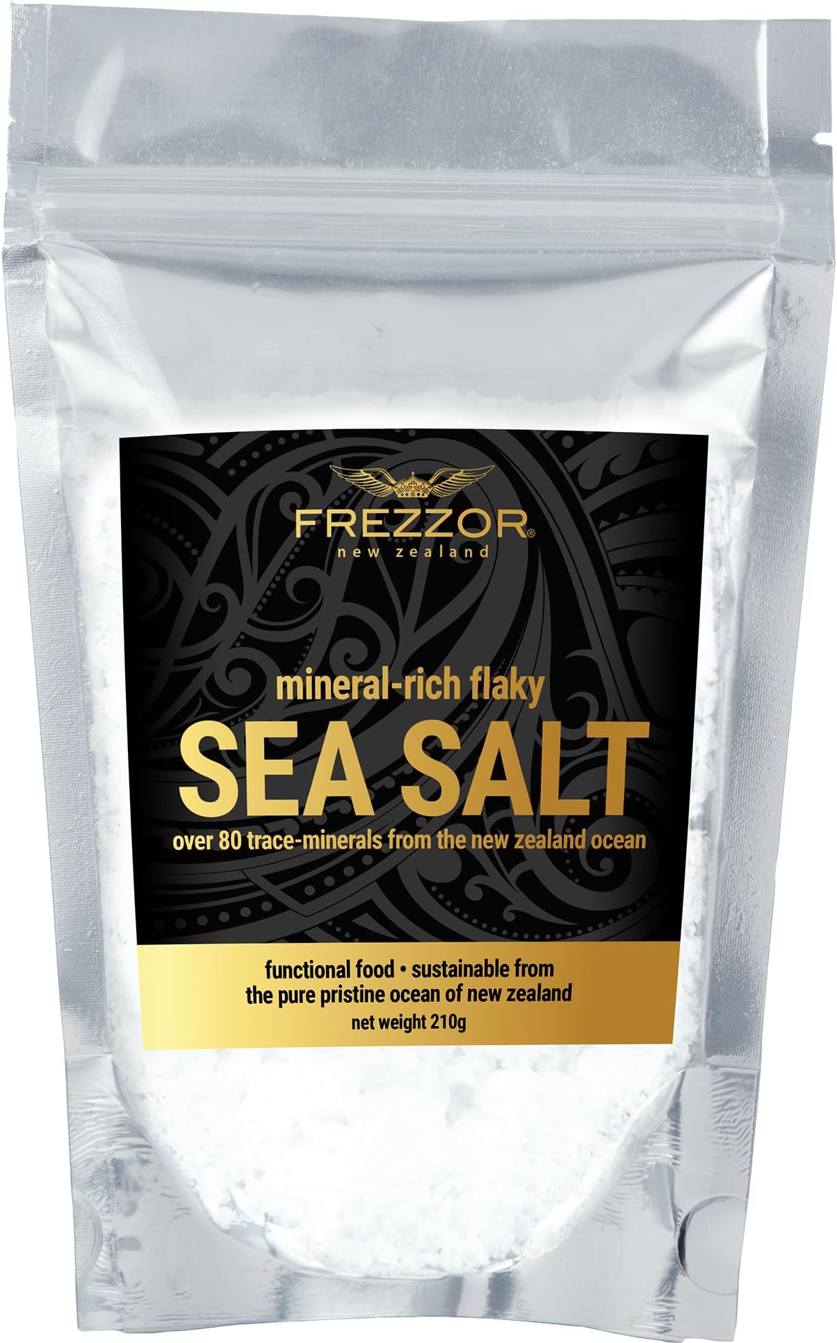 FREZZOR Flaky Sea Salt, 8.8 ounces of Premium Gourmet Sea Salt Flakes from New Zealand, 80 Minerals & Trace Elements, 100% All-Natural, Solar & Wind Harvested Salt, No Microplastics, 1 Pouch