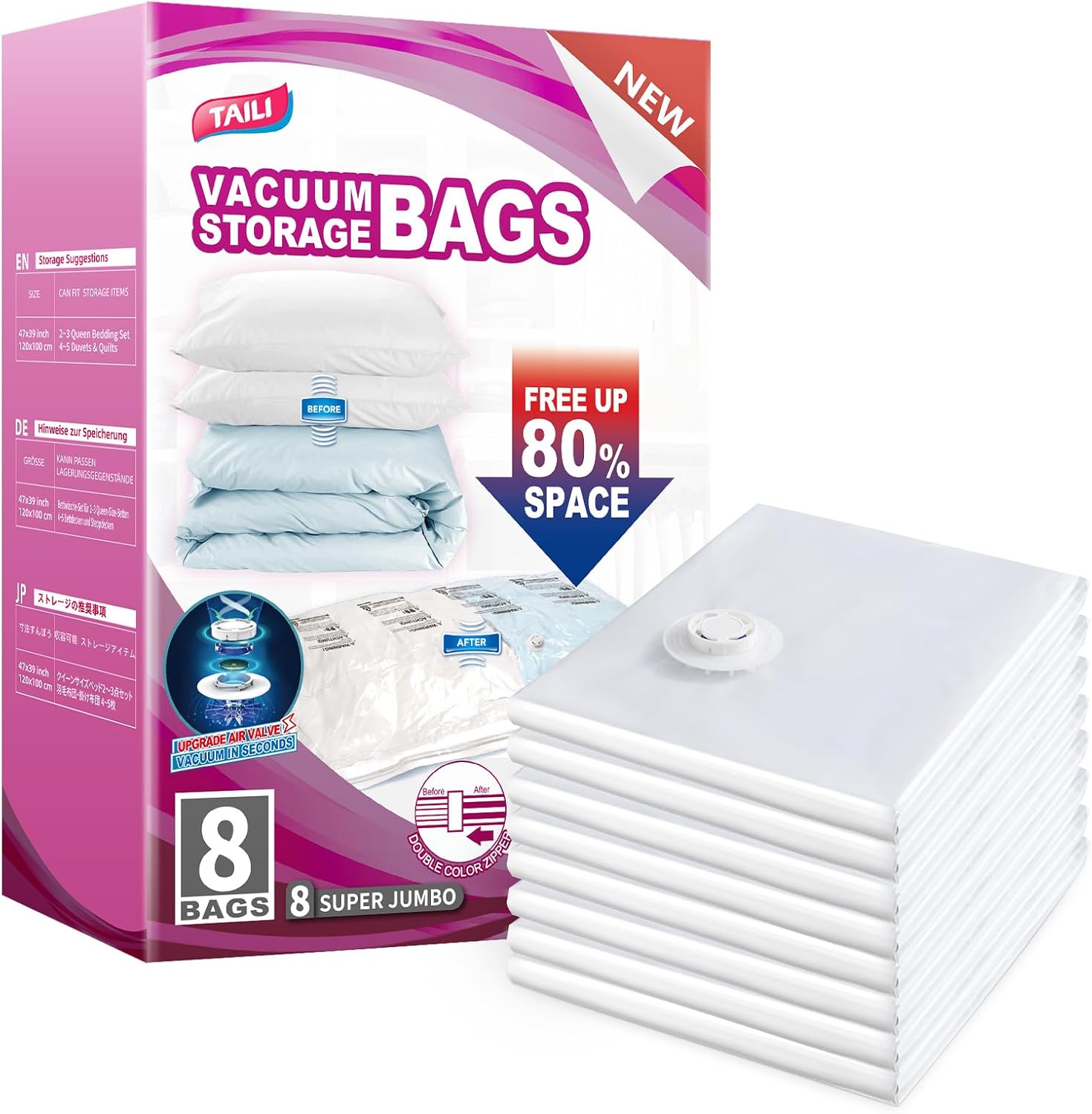 taili 8 pack vacuum storage bags for comforter and blankets, xxl jumbo vacuum seal bags for bedding (47x39 inch), huge space for toy, bedding, pillows, save more closet space 8 xxl jumbo cream