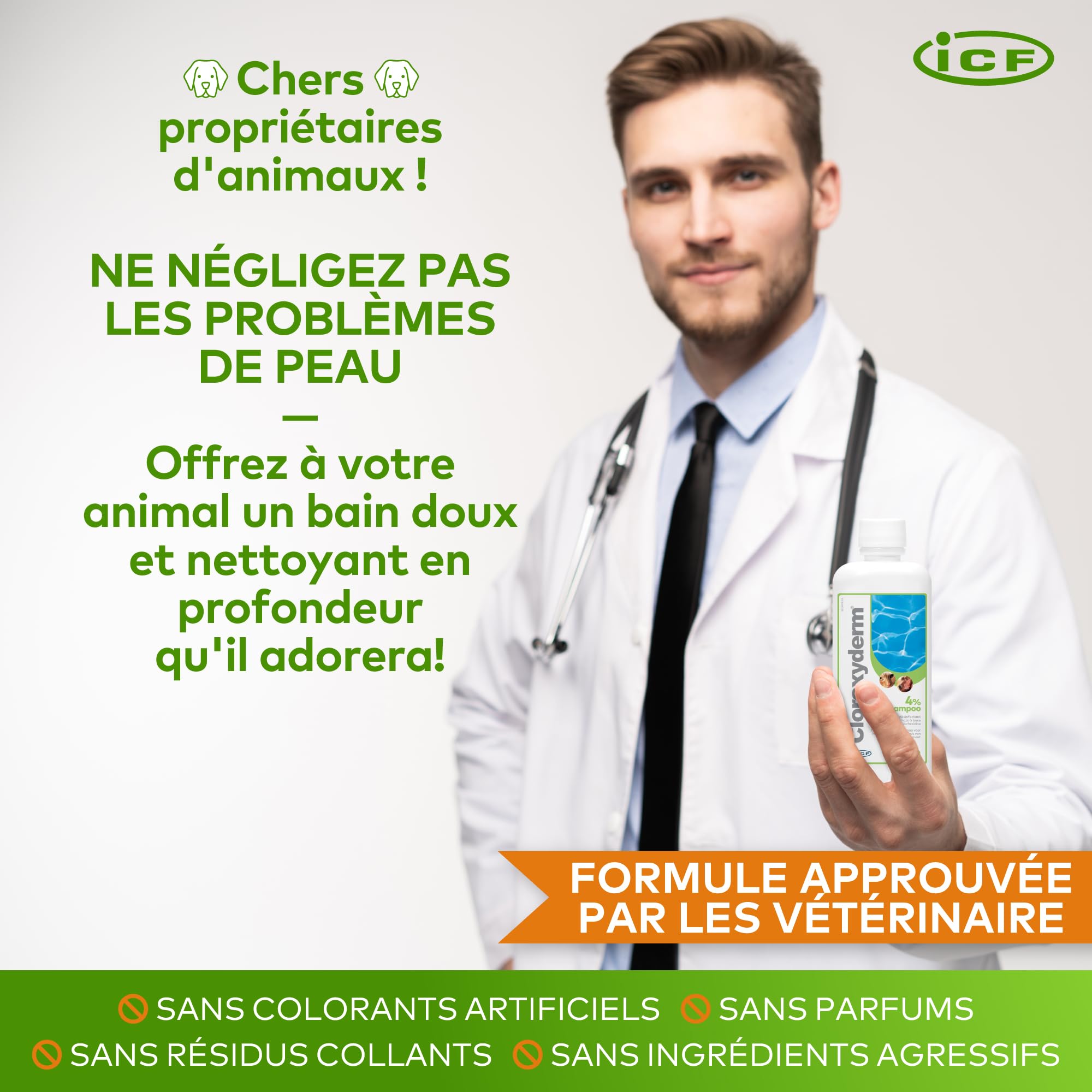 ICF | Clorexyderm 4% Shampoing Chien | Shampooing Chien Antiseptique, Hydratant et Anti Odeur pour Chien et Chat | Assainit, Hydrate et Protège la Peau | 250ml