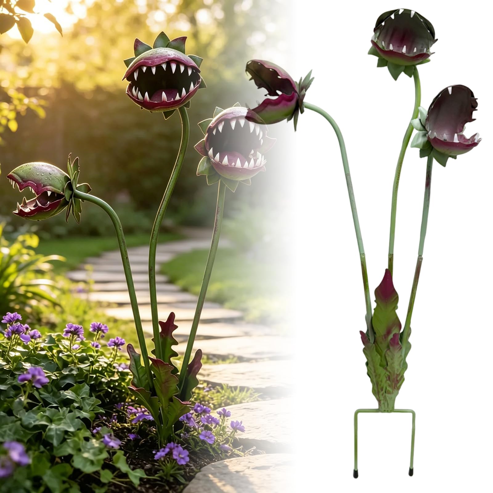2Pcs Whimsical Large Metal Venus Flytrap Garden Stake, 25-Inch Decorative Carnivorous Plant Sculpture Outdoor Yard Art for Patio Lawn