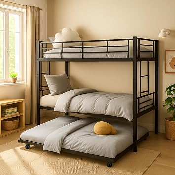 Full Over Full Bunk Bed with Trundle for Teens, Heavy Duty Metal with Sturdy Guard Rail & 2 Side Ladders, Convertible Bunkbed,No Box Spring Needed