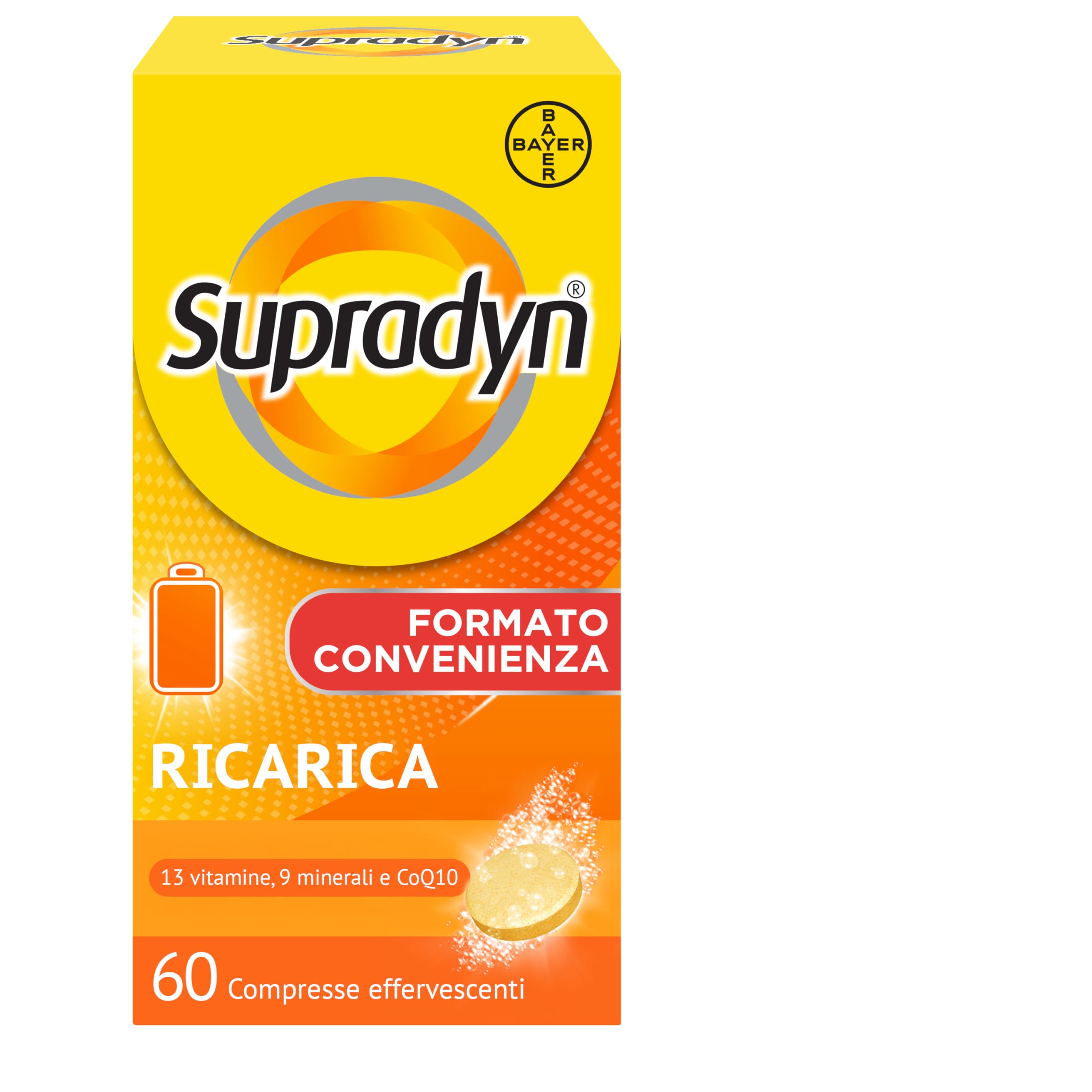 Supradyn Ricarica Multivitaminico Completo Vitamine e Minerali per Adulti, Integratore Vitamine A, B, C, D3, E, K, Magnesio, Calcio, Zinco, Selenio e Q10, Gusto Arancia 60 Compresse Effervescenti