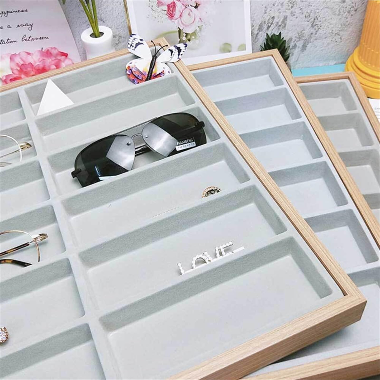 Organizador para Gafas De Sol Estante de Almacenamiento de Madera for Gafas, Bandeja de exhibición for Gafas de Sol, Caja organizadora for Almacenamiento, 12 Rejillas(Grey Inner)