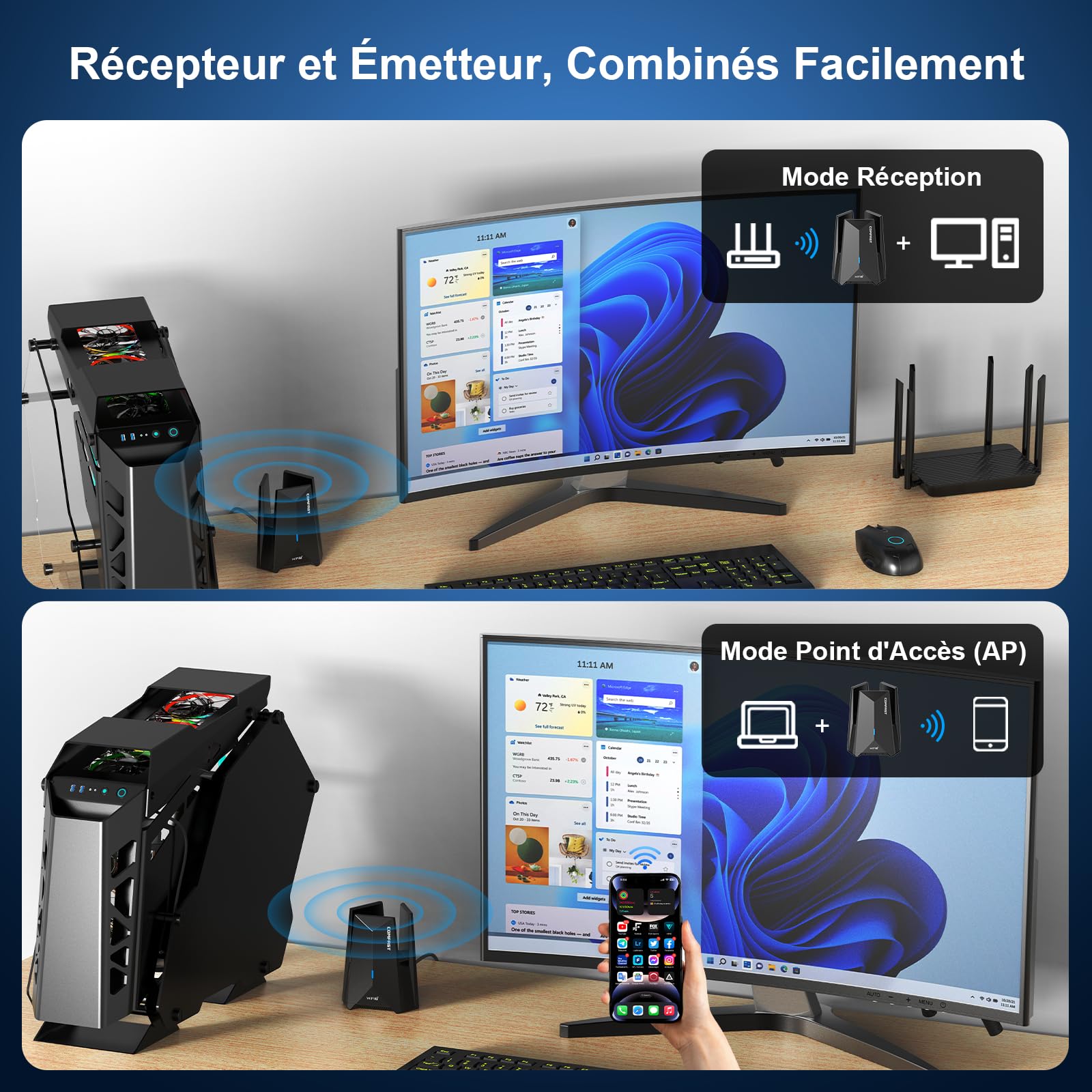 COMFAST BE6500 Mbps Clé WiFi Puissante, Wi-FI 7 Clé WiFi pour PC Tri-Bande | Adaptateur USB WiFi Longue Portée avec 3*6dBi Antenne, MU-MIMO, OFDMA, WPA3, Compatible avec Windows 11/10