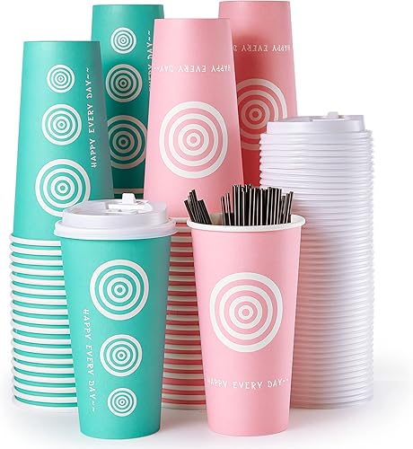 Vasos de papel de 20 onzas, paquete de 100 tazas de café desechables con tapas y agitadores, tazas de papel caliente para café fríocaliente, jugo,