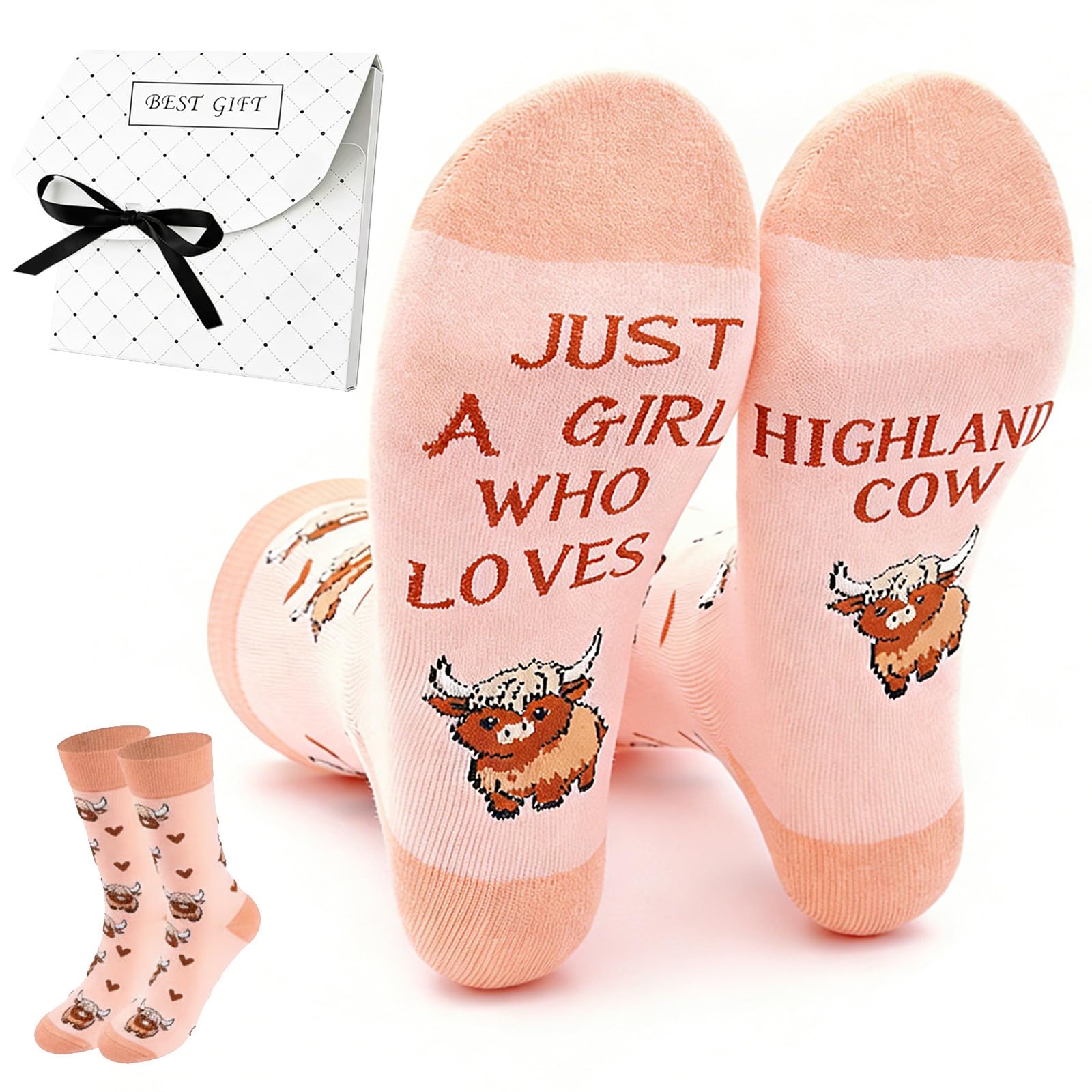Ysuy Girls Pink "Just A Who Loves Highland Cow Socks With Gift Box | Novelty Animal Print Socks | Cute Scottish Cow Sock/S For Women In White Plaid Box