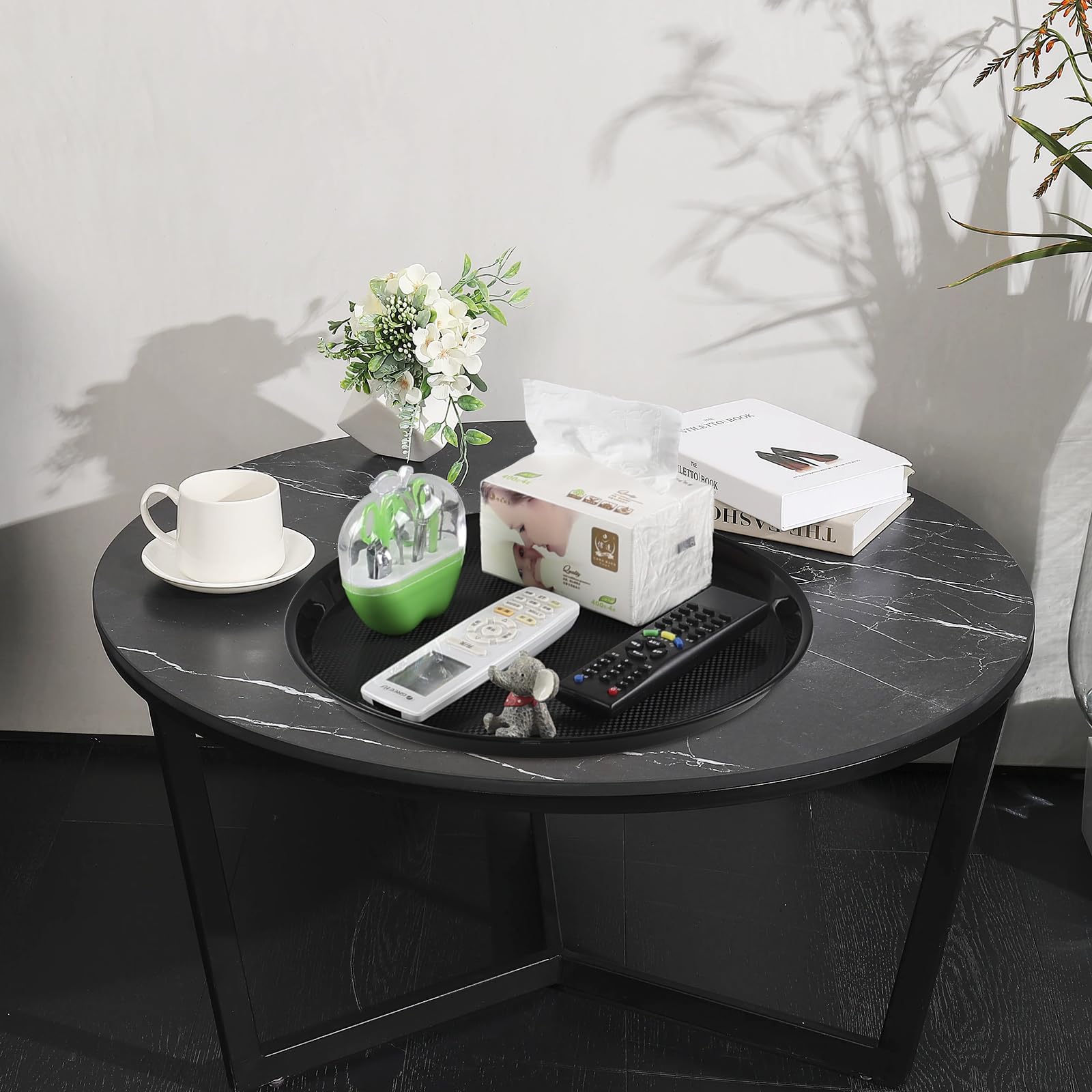 Juego de 6 bandejas redondas de plástico para servir restaurantes, bandeja decorativa para mesa de café, 34,5 cm, color negro