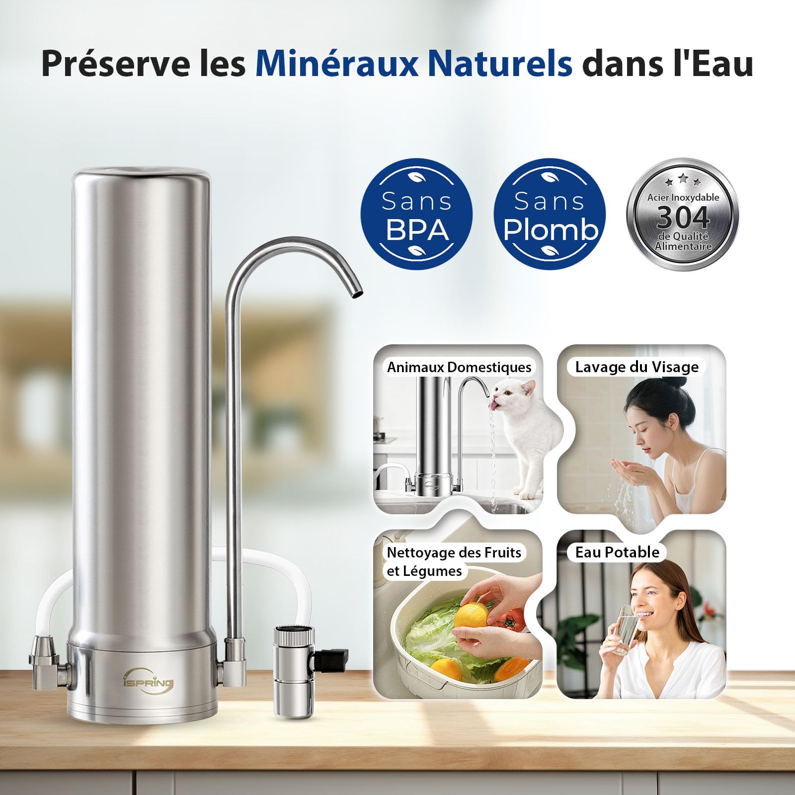 iSpring CKC1S Filtre à Eau Ultrafiltration 0,01µm Acier Inox | Ultrafiltration 0,01µm, Filtre à Charbon, Eau Potable Cuisine, Idéal Locataires, Installation sur Robinet Comptoir