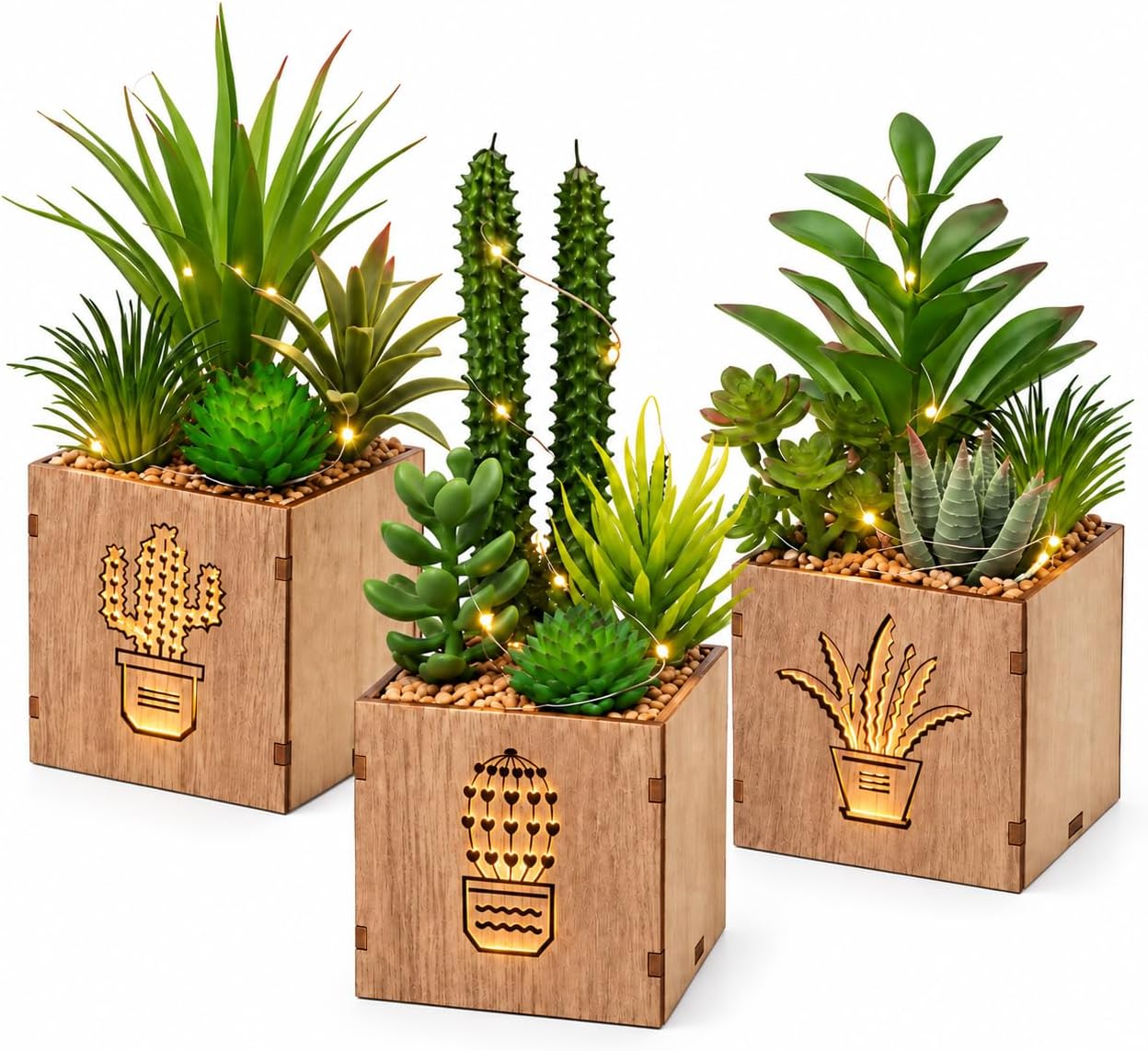 Artificial Succulent Plants with LED Lights, Set of 3