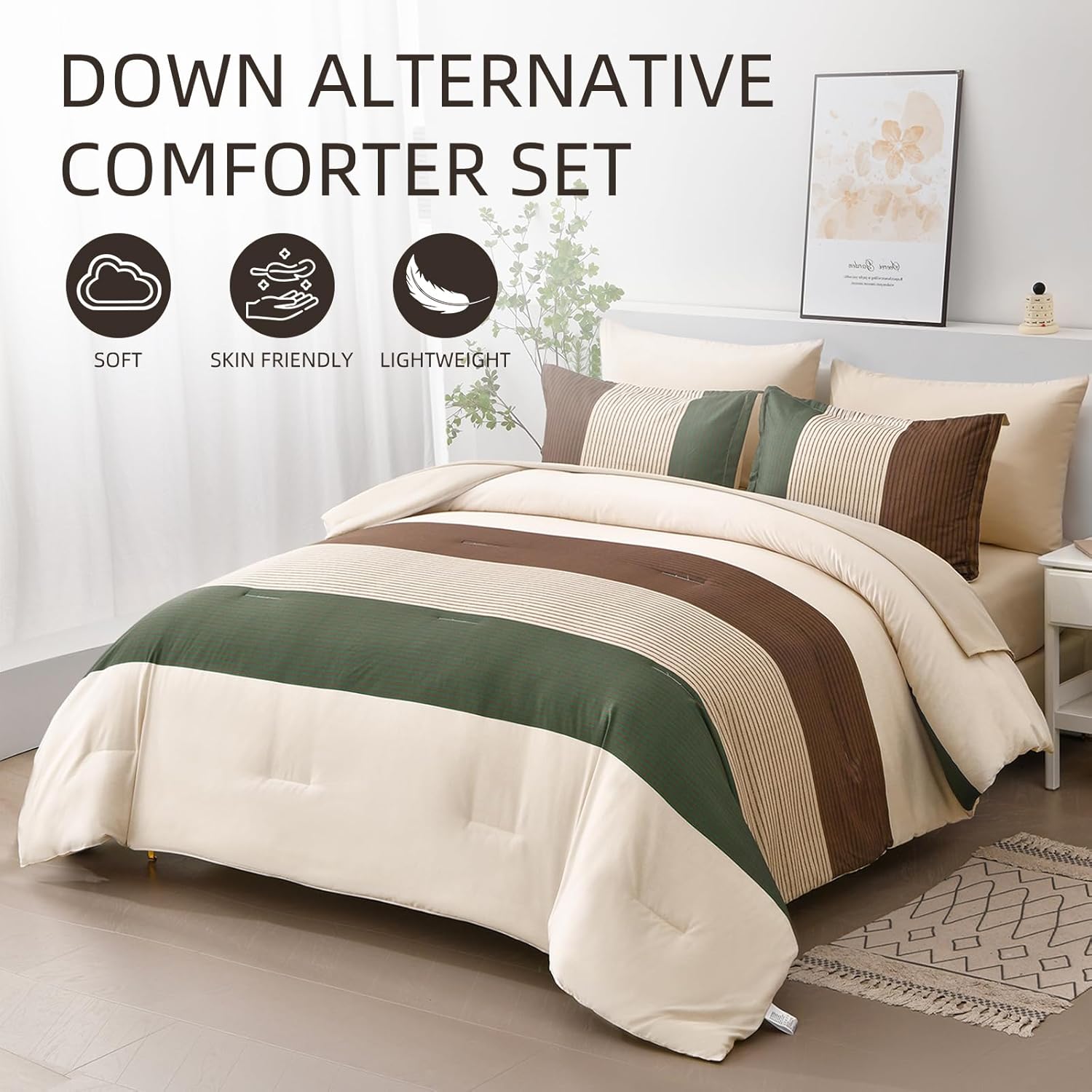 Anibedding Striped Comforter Set Queen Size, Boho Brown Green Striped Bedding Comforter Set 7 Piece Bed in a Bag, Soft Microfiber Down Alternative Farmhouse Bedding Set for All Season(90"x90") - Image 2