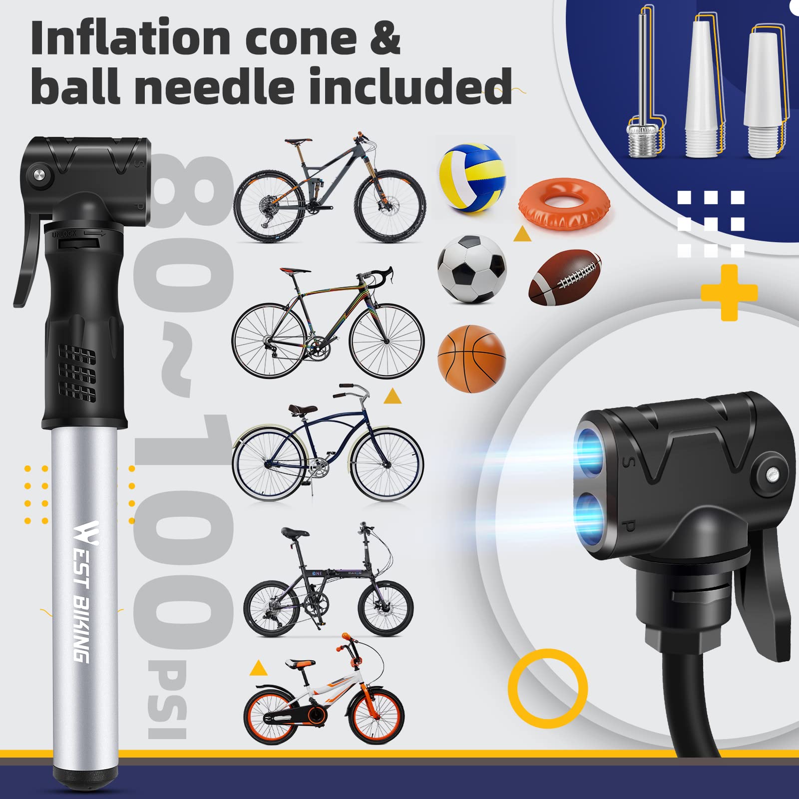 Bicycle Pump Mini Bike Pump - Aluminum Alloy Cycle Pump for Presta & Schrader Valve, Portable Lightweight Bike Tyre Pump Fast Tyre Inflation Mini Air Pump for Mountain Road Bike Ball Pump