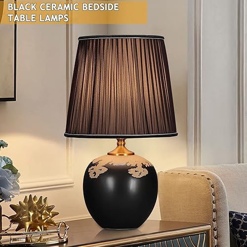 Miniatura 2 de PSXPSXO Lámparas de mesa de cerámica negra pintadas a mano pantalla de tela lámpara de mesita de noche para dormitorio sala de estar oficina