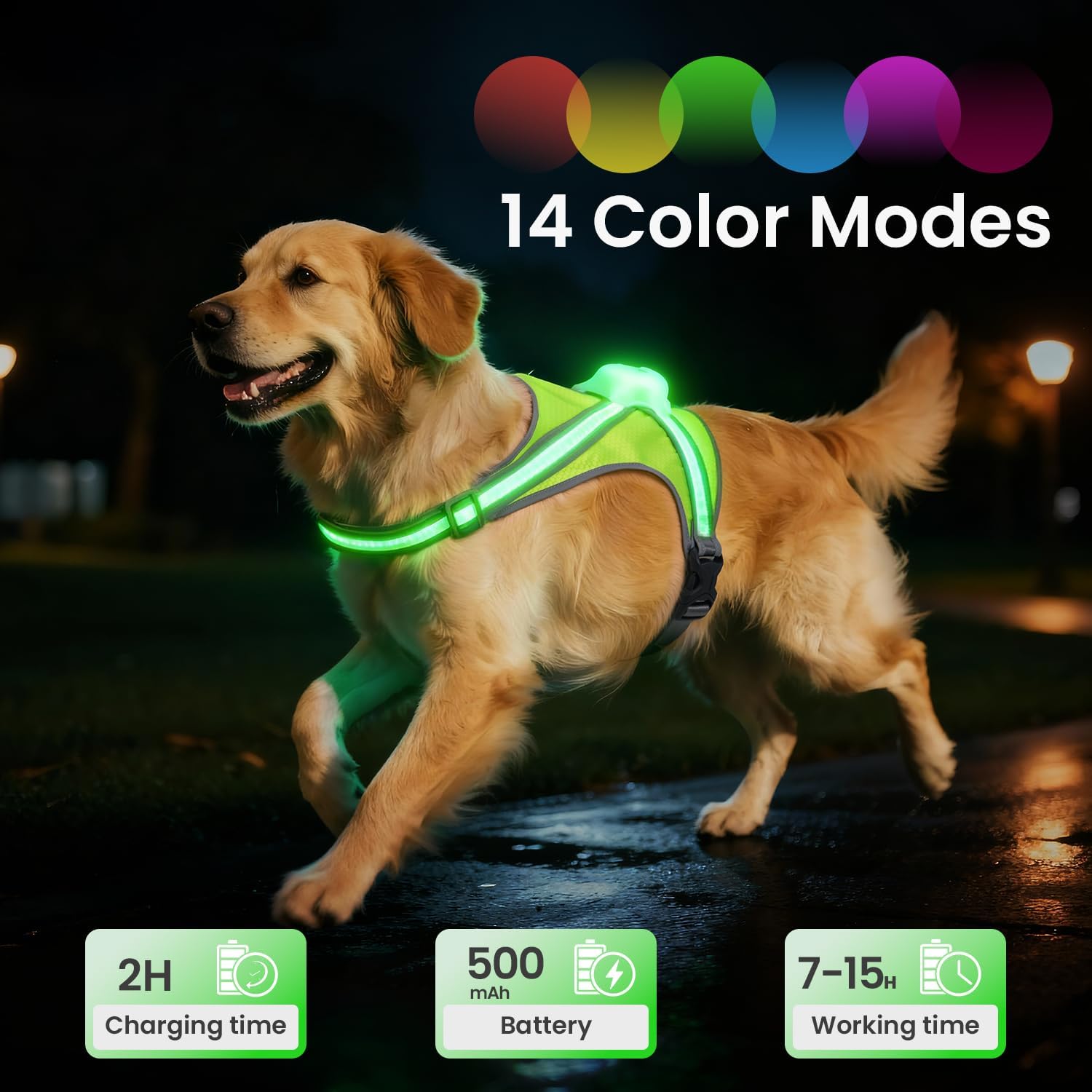 Xlife Light Up Dog Harness for Night Walking & Camping – Reflective Multicolored LED Pet Vest Harness, USB-C Rechargeable, Rainproof, Adjustable, No Pull & Safe for Dogs (S)