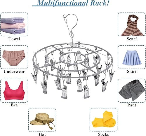 Miniatura 2 de Paquete de 3 estantes de secado redondos de acero inoxidable con 24 clips, gancho giratorio a prueba de viento, tendedero de ropa para lavandería,