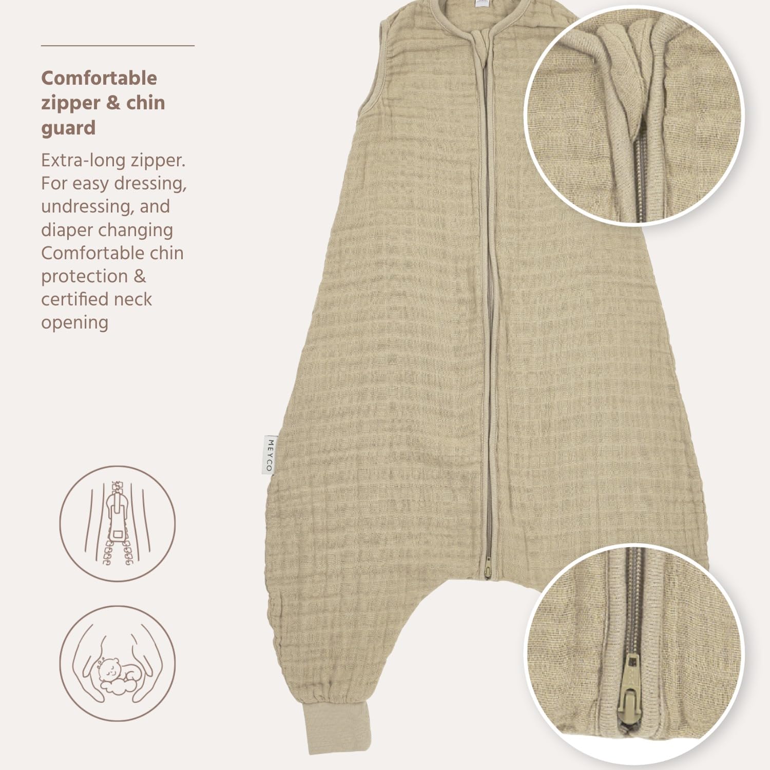 MEYCO Baby Schlafsack m. Füßen Musselin - 104cm - 0.5 TOG - Schlafoverall Sommer - 100% Baumwolle - Oeko Tex zertifiziert - Jumper - hautfreundlich, atmungsaktiv - Sand
