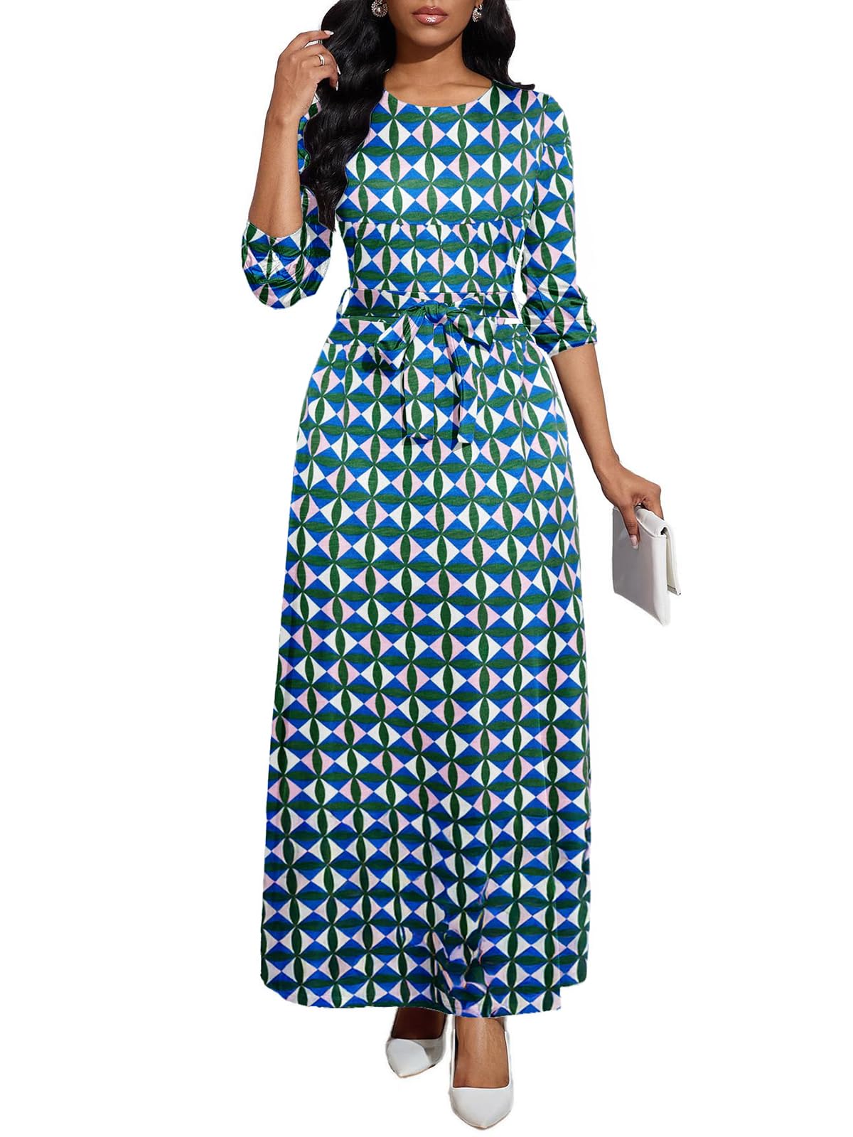 BubFee Long Dress for Women Casual Long Sleeve Dresses Maxi Dress Empire Waist Loose with Belt