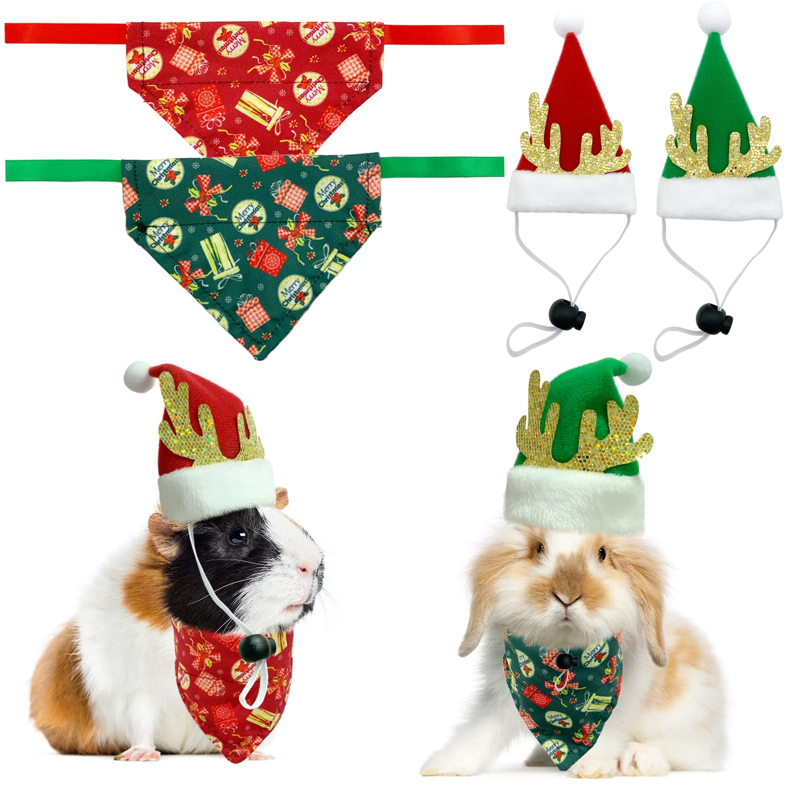 CooShouCooShou Christmas Guinea Pigs Bandanas Hat Rabbit Triangular Scarf Small Animals Christmas Costume Red Green Gift Pattern for Bunny Sugar Glider Guinea Pigs (L)