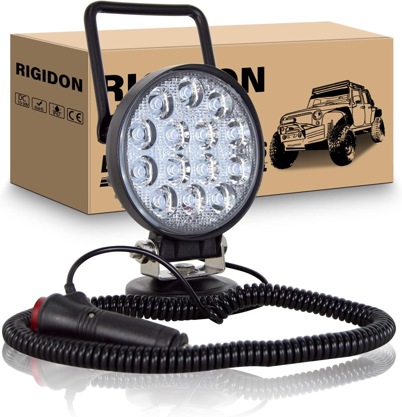 RIGIDON 4 Inch 42W LED Work Light with Magnet Base Round Waterproof Flood Light 12V 24V Offroad Lighting LED Fog Lights for Car SUV ATV Tractor Boat Truck 4x4 Camping