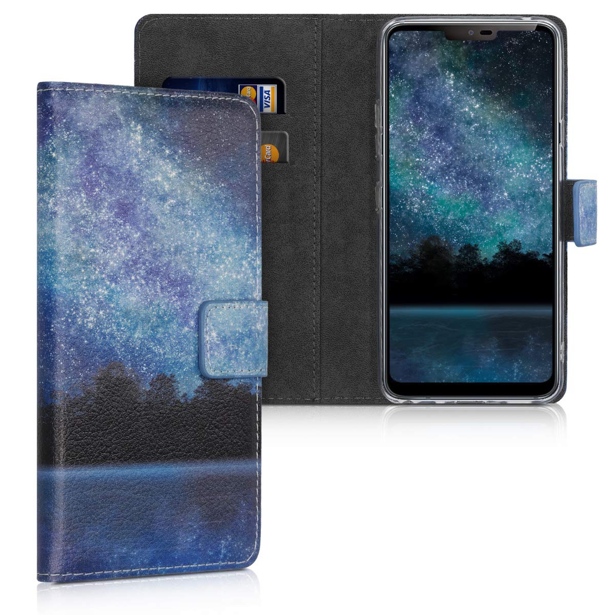kwmobile Wallet Case for LG G7 ThinQ/Fit/One - PU Leather Protective Flip Cover with Card Slots and Stand - Cosmic Forest Blue/Black