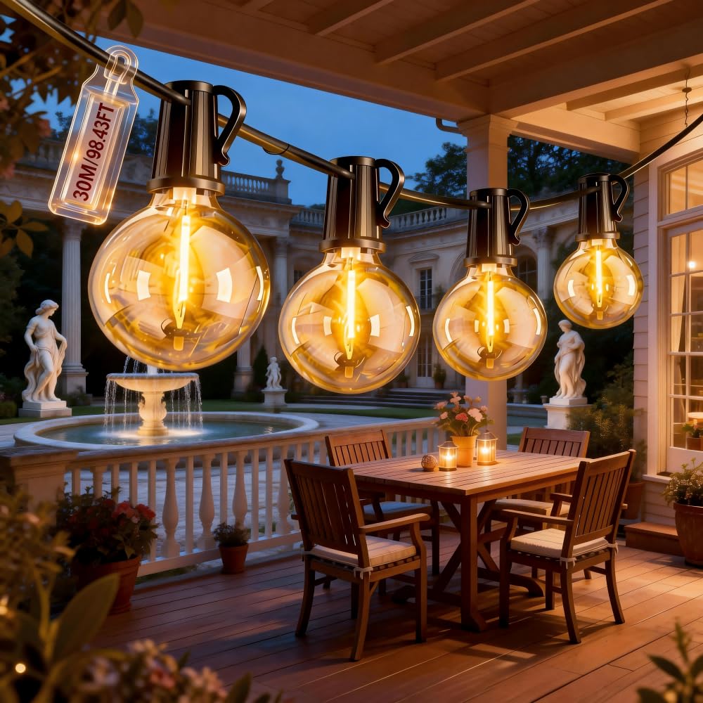 Guirnalda Luces Exterior,30M/98.42 Ft Guirnaldas de Luces Exterior con 50+2 G40 Bombillas,IP44 Impermeable Luces Led Interior con Enchufe para Jardín, Patio, Fiesta(G40 30M-51 bombillas)