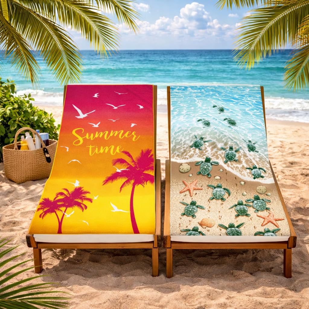 Adore 2 Pack Microfibre Beach Towels 70x140cm - Sand Free Lightweight Quick Dry - Soft Travel Towels for Beach and Pool, Summertime Palms and Turtles