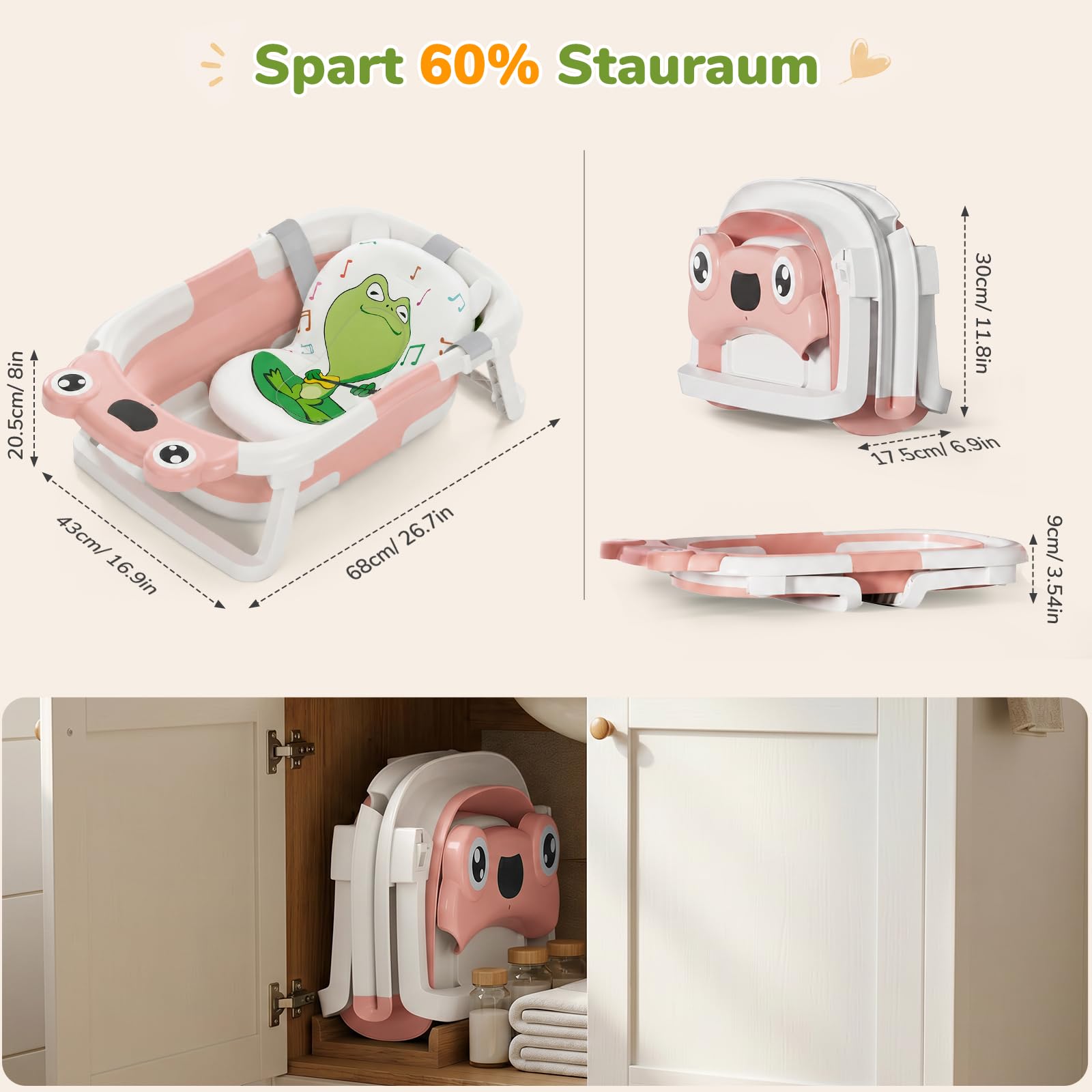 DEANIC Faltbare Baby Badewanne, Babybadewanne Neugeborene von 0-24 Monaten Geeignet, Portable Baby Bathtub Nimmt Keinen Platz Weg, Baby Wanne (Rosa)