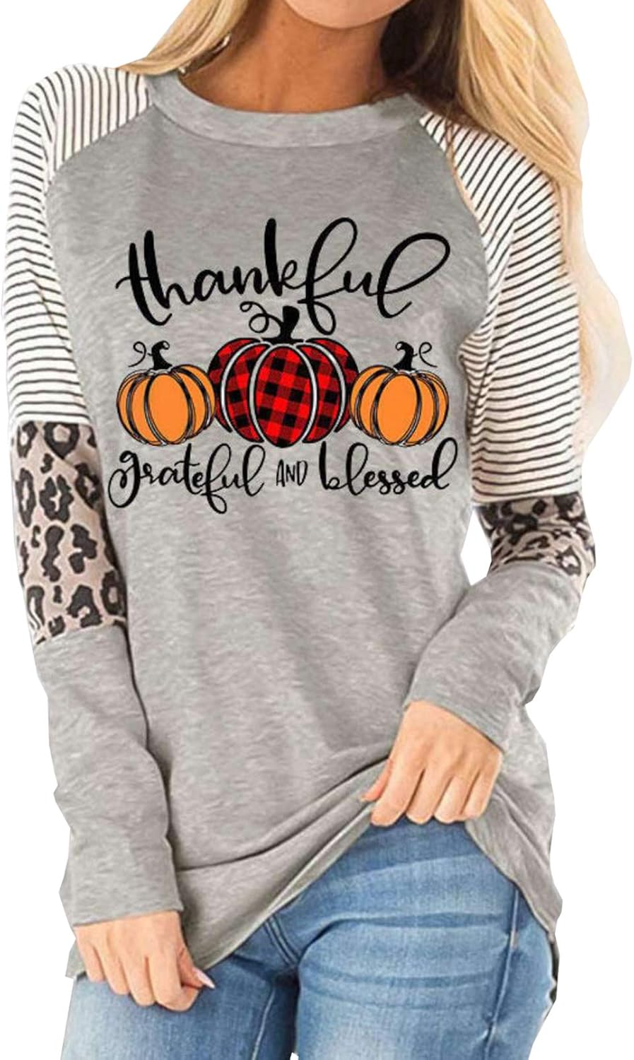 Thankful Greatful Blessed Pumpkin Baseball T-Shirt for Women Thanksgiving Leopard Stripe Splicing Sleeve Shirt