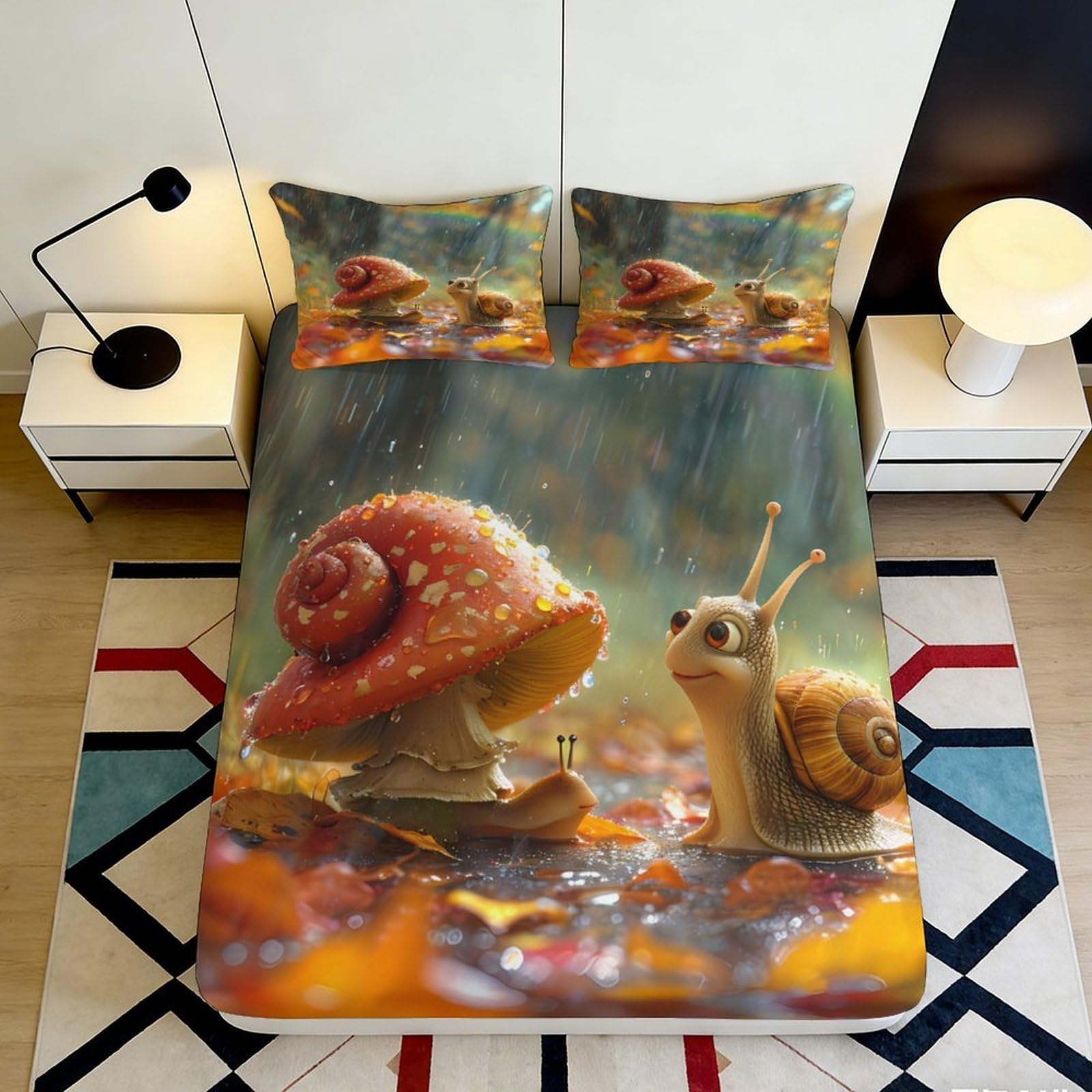 3D Printed Mushroom Forest Fitted Sheet Microfiber Soft Autumn Leaves Snail Mattress Cover for Bedroom Home Decor 90x200x25cm
