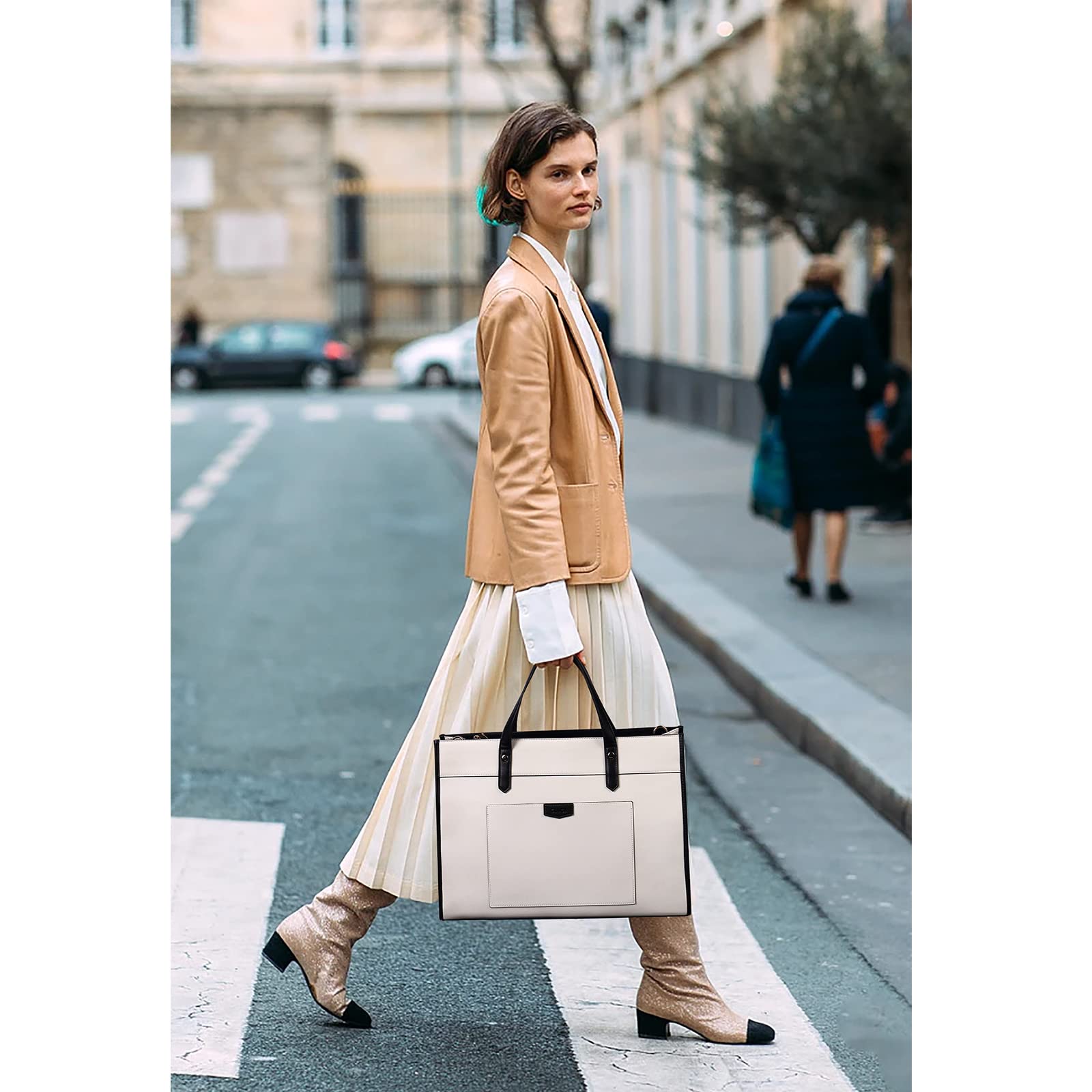 CLUCI Laptop Tote Bag for women 15.6 inch Computer Briefcase Leather Work Shoulder Bags Handbag for Office,School,Travel?beige with black?