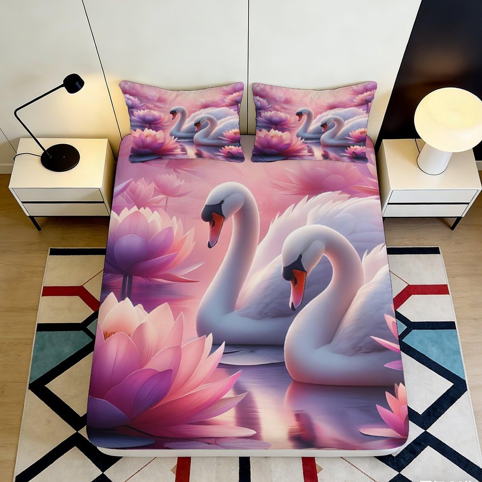 3D Printed Swan Lake Fitted Sheet Microfiber Pink Lotus Bed Cover Non-Slip Machine Washable for Bedroom Decor 90x200x25cm