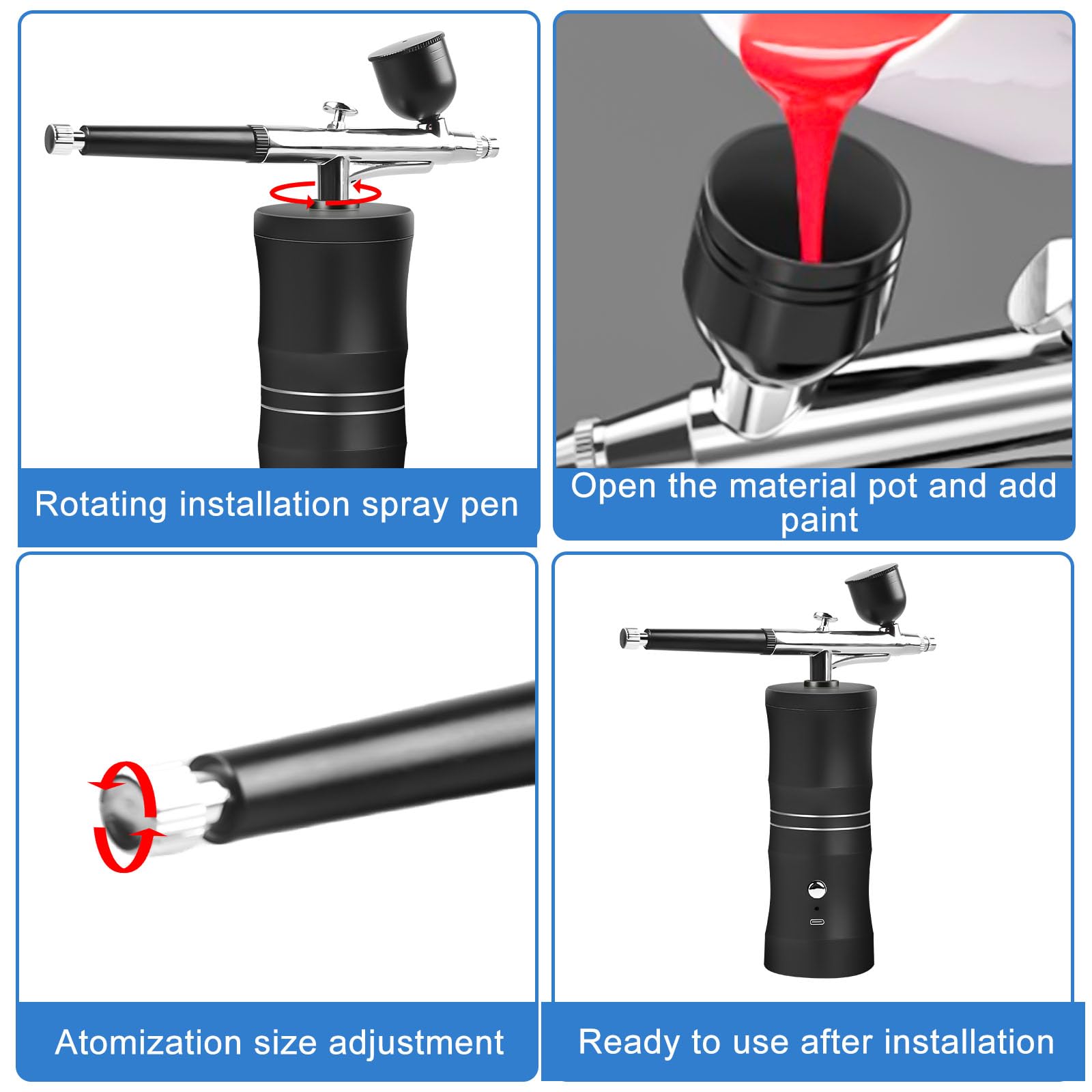 GOMETY Aerografo con compressore, kit da 34 PSI con ugello da 0,4 mm, pistola a spruzzo wireless ricaricabile per graffiti, tatuaggi, unghie, trucco e decorazione di torte.