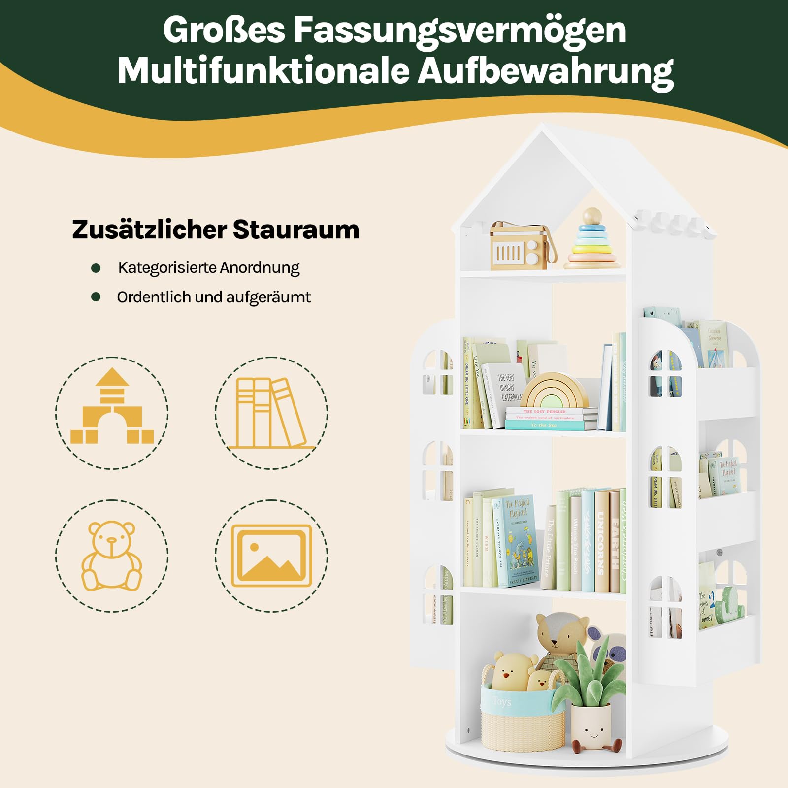 WOLTU Drehbares Bücherregal Kinder, mit 4 Ebenen 2 Seitenregalen, Weiß