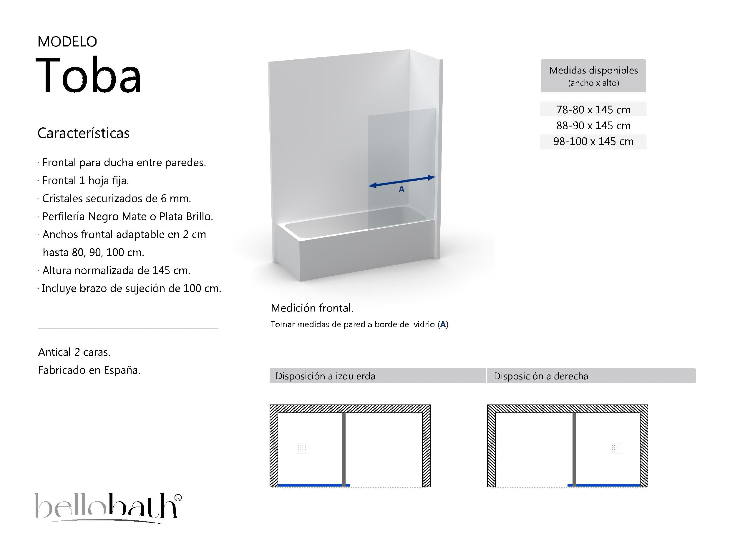 BELLOBATH Mampara de Bañera Fija Plata 78-80 cm Alto 145 cm
