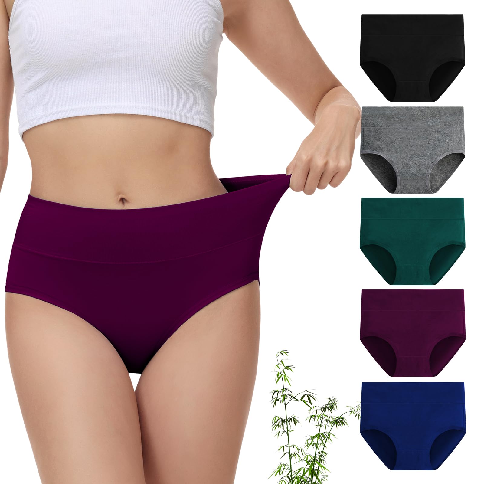 FALARY Underwear Women Viscose Made from Bamboo High Waisted Briefs 5-Pack | Moisture-Wicking Ladies Panties, Full Back Coverage, Double-layer Crotch, Tag-Free Label, Soft and Breathable, Multicolor